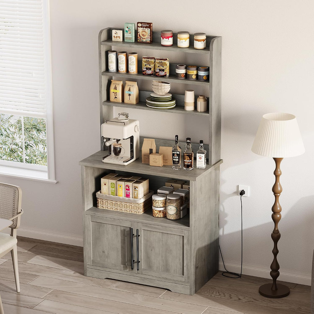 Garvee Farmhouse Bakers Rack with Power Outlets, Microwave Stand with Cabinet, Kitchen Hutch Pantry Cabinet, Kitchen Coffee Bar Cabinet for Spices, Dishes, and Pots, Gray