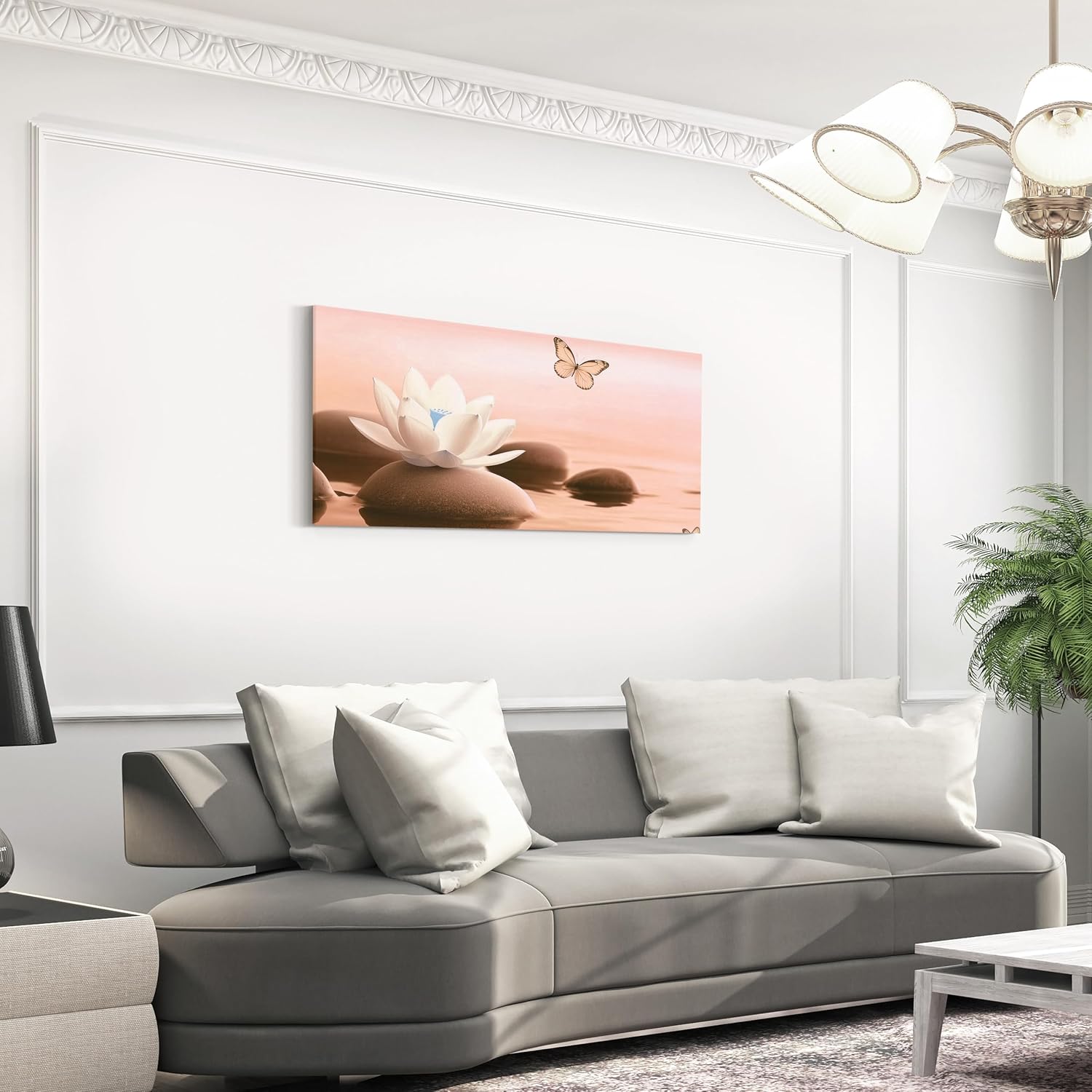 Erosebridal Lotus Water Lily Flower Canvas Wall Decor 58''X 29'',Butterfly Animal Artwork Poster,Zen Stone Simple Skin Color Pattern Large Wall Art