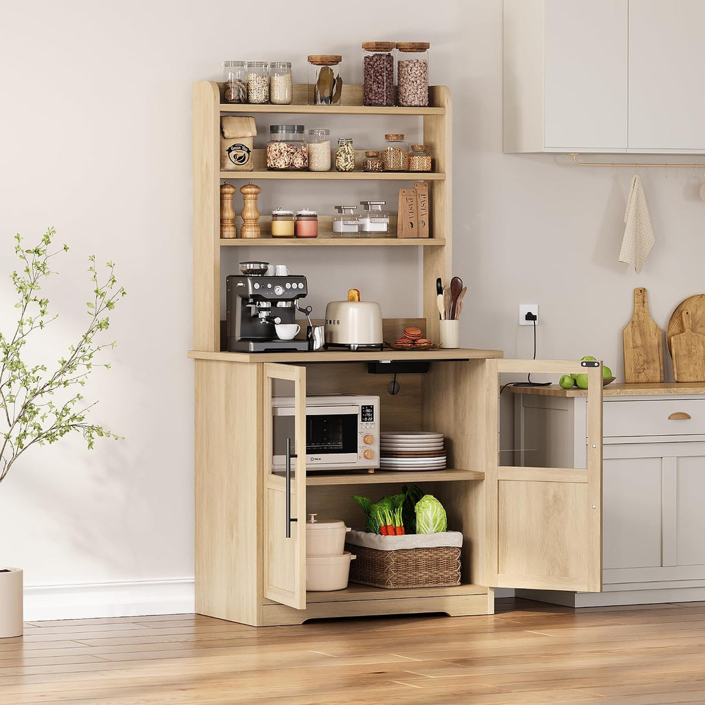 Farmhouse Bakers Rack with Charging Station & Glass Door Cabinet, Rustic Wood Microwave Stand Coffee Hutch for Kitchen, Living & Dining Room