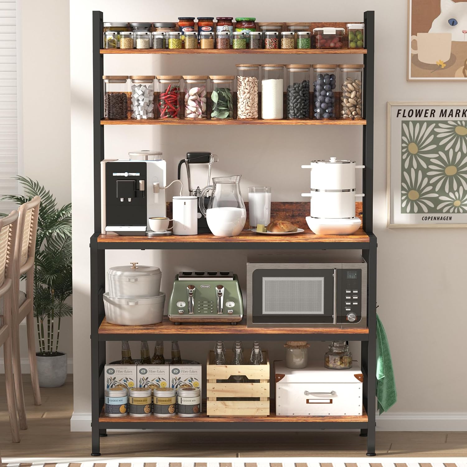 Large Kitchen Baker Rack,5-Tier Free Standing Storage Shelf Racks with Hooks,Microwave Stand with Storage, Metal Kitchen Shelf Rack for Spices,Coffee Bar Station (Brown)