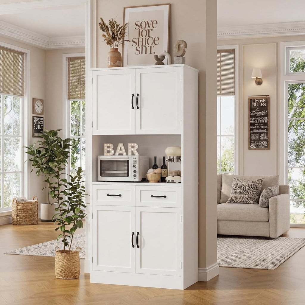 HOSTACK 71' Tall Kitchen Pantry Storage Cabinet, Modern Kitchen Hutch Bar Cabinet with Microwave Stand, Wood Buffet Sideboard with Hutch, Cupboard with Drawers, Shelves for Dining Room, White
