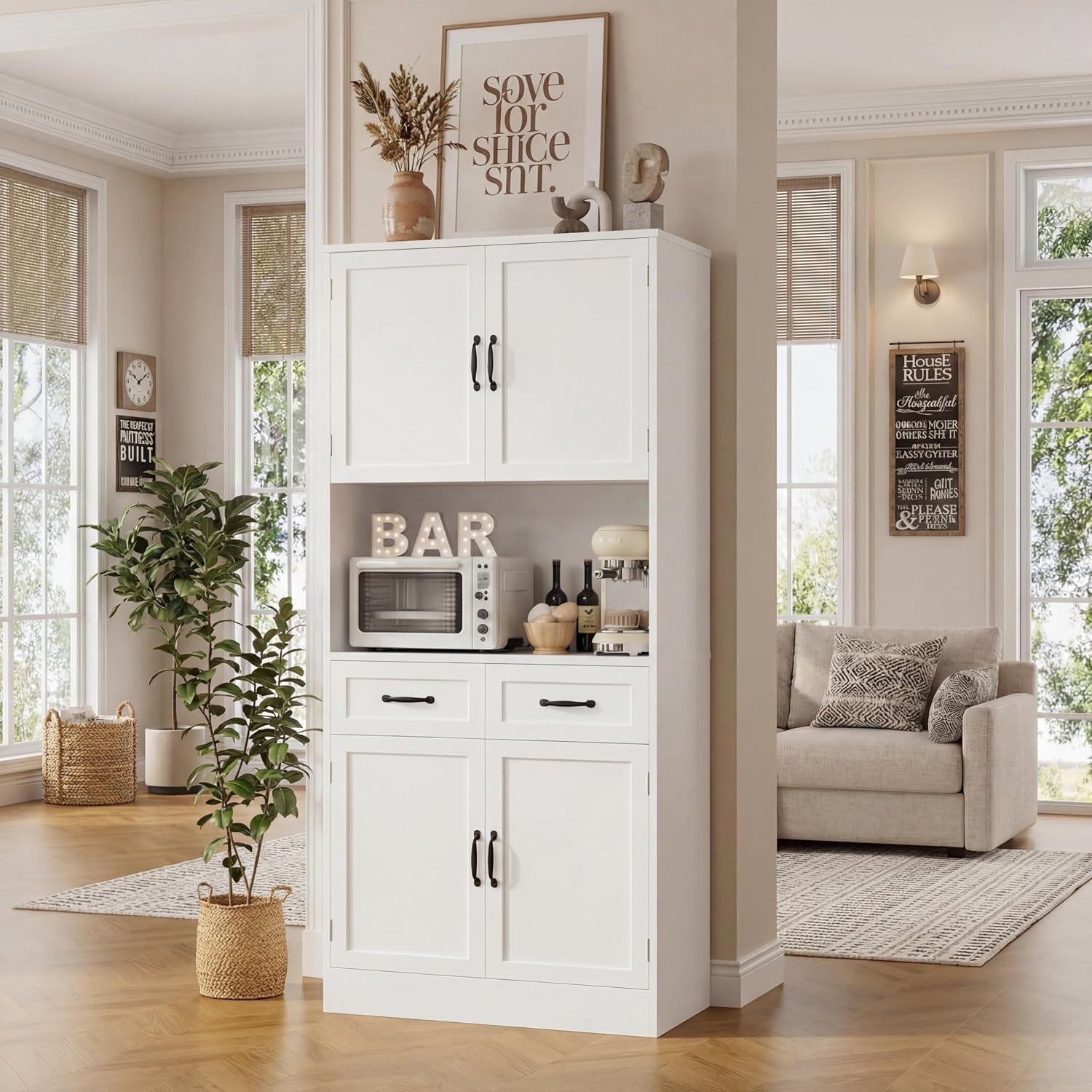 HOSTACK 71' Tall Kitchen Pantry Storage Cabinet, Modern Kitchen Hutch Bar Cabinet with Microwave Stand, Wood Buffet Sideboard with Hutch, Cupboard with Drawers, Shelves for Dining Room, White