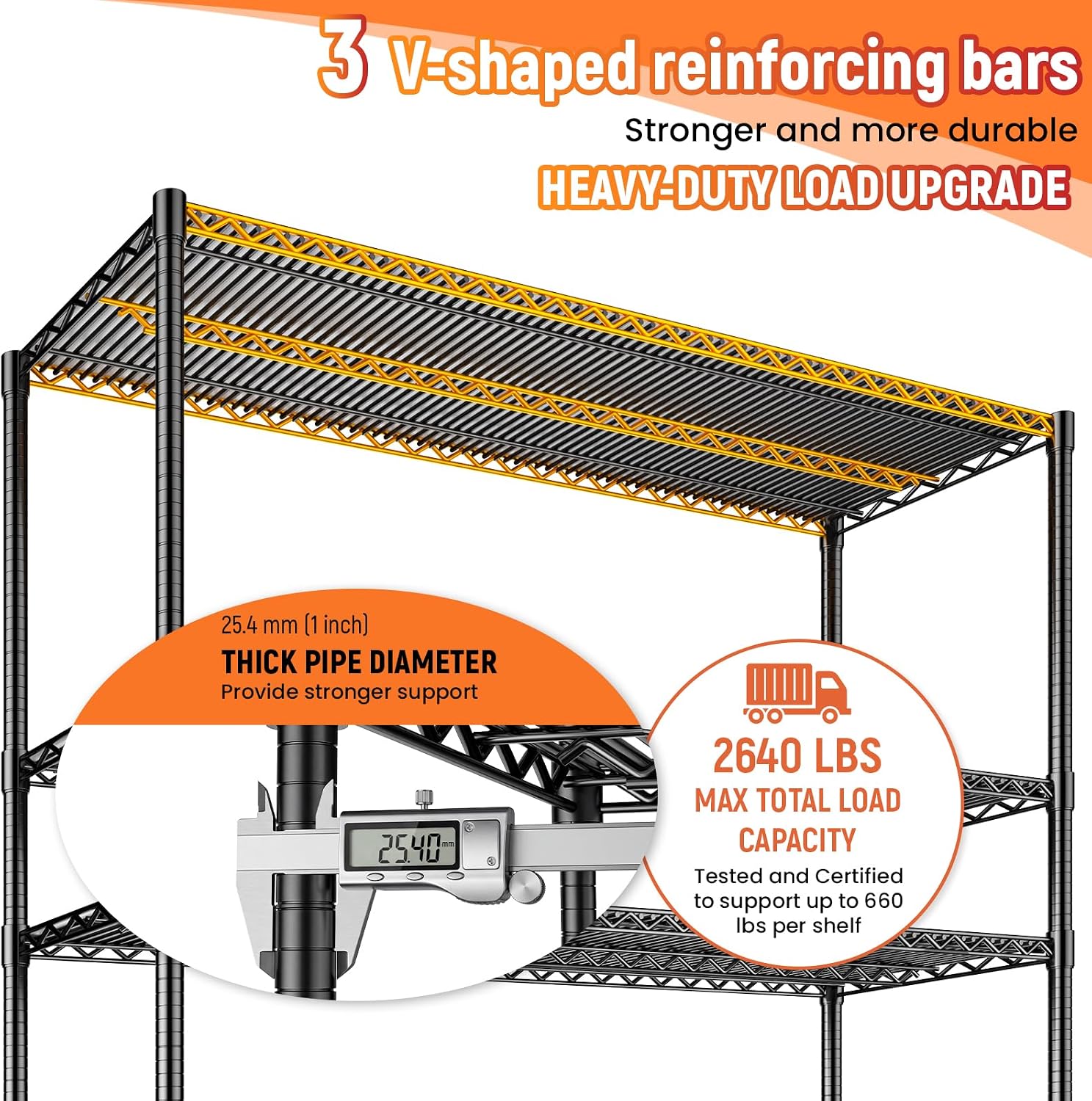 60' W Storage Shelves 2640 LBS Heavy Duty Garage Shelving, Adjustable Wire Shelving Metal Shelving with Liners, Fits 27-Gallon Totes, 60' W x 18' D x 68.4' H for Commercial Warehouse, Black