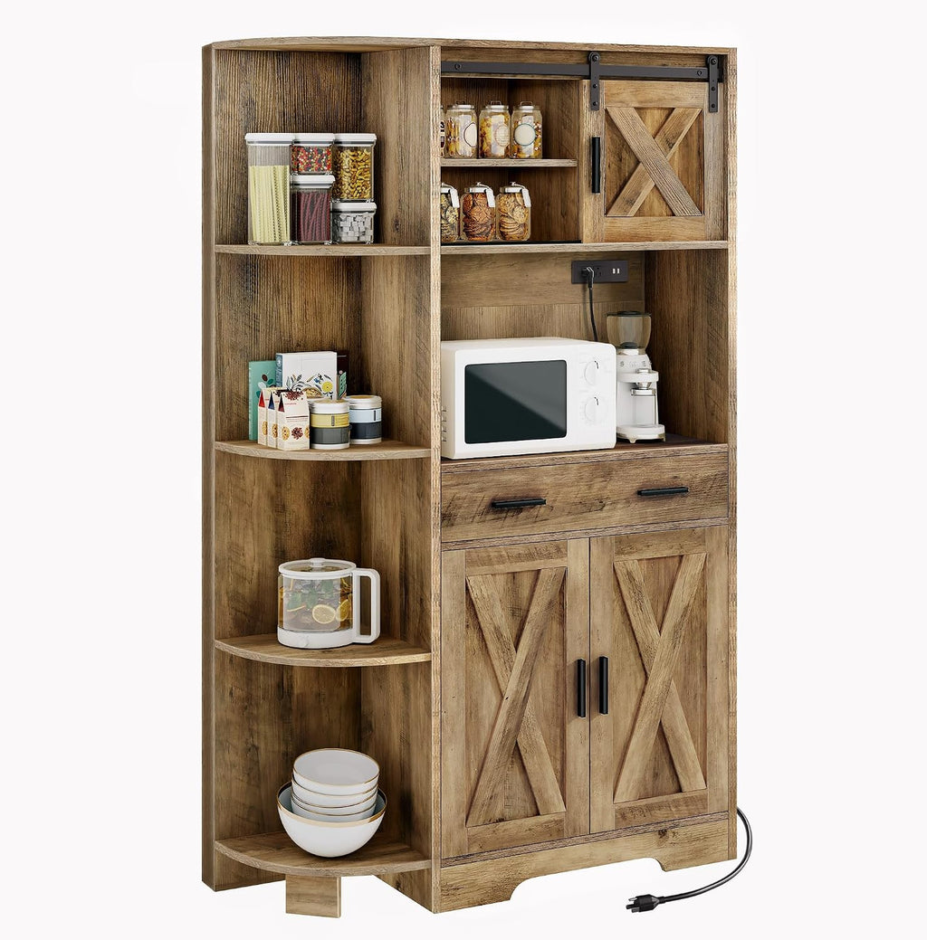 YITAHOME 67' Farmhouse Kitchen Pantry with Power Outlet, Sliding Barn Door Storage Cabinet w Charging Station, Freestanding Hutch with Shelves & Drawer, Microwave Stand Cupboard for Dining Room, Oak
