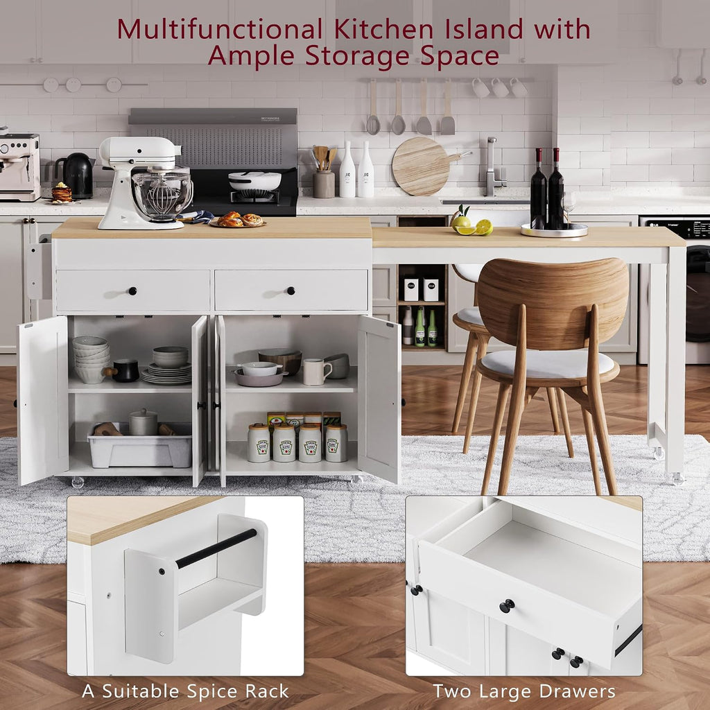 74.5 inch Kitchen Island with Extendable Dining Table, Rolling Kitchen Island on Wheels with Spice Rack and 2 Drawers, Kitchen Storage Cart with 4 Door Cabinet, for Kitchen, Dining Room (Off White/E)