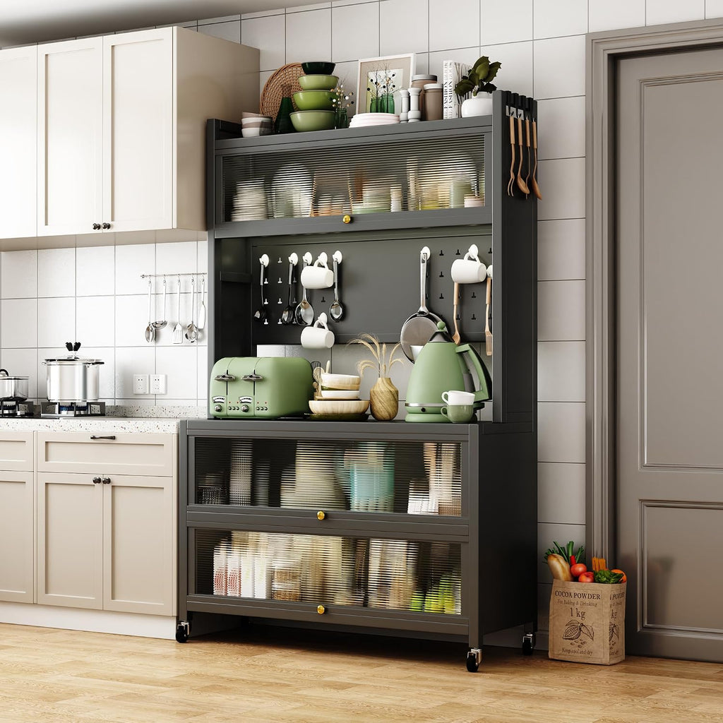 Kitchen Bakers Rack with Wheels, 65' Mobile Storage Cabinet for Living Room with Glass Doors and Pegboard Microwave Stand Coffee Station with Drawers Open Top Shelf for Entryway Dark Gray