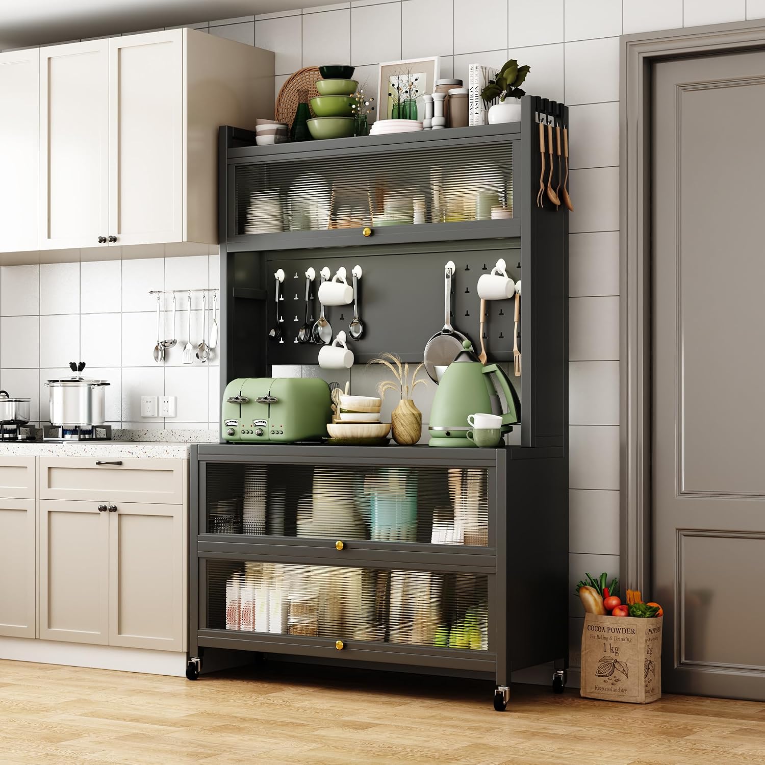 Kitchen Bakers Rack with Wheels, 65' Mobile Storage Cabinet for Living Room with Glass Doors and Pegboard Microwave Stand Coffee Station with Drawers Open Top Shelf for Entryway Dark Gray