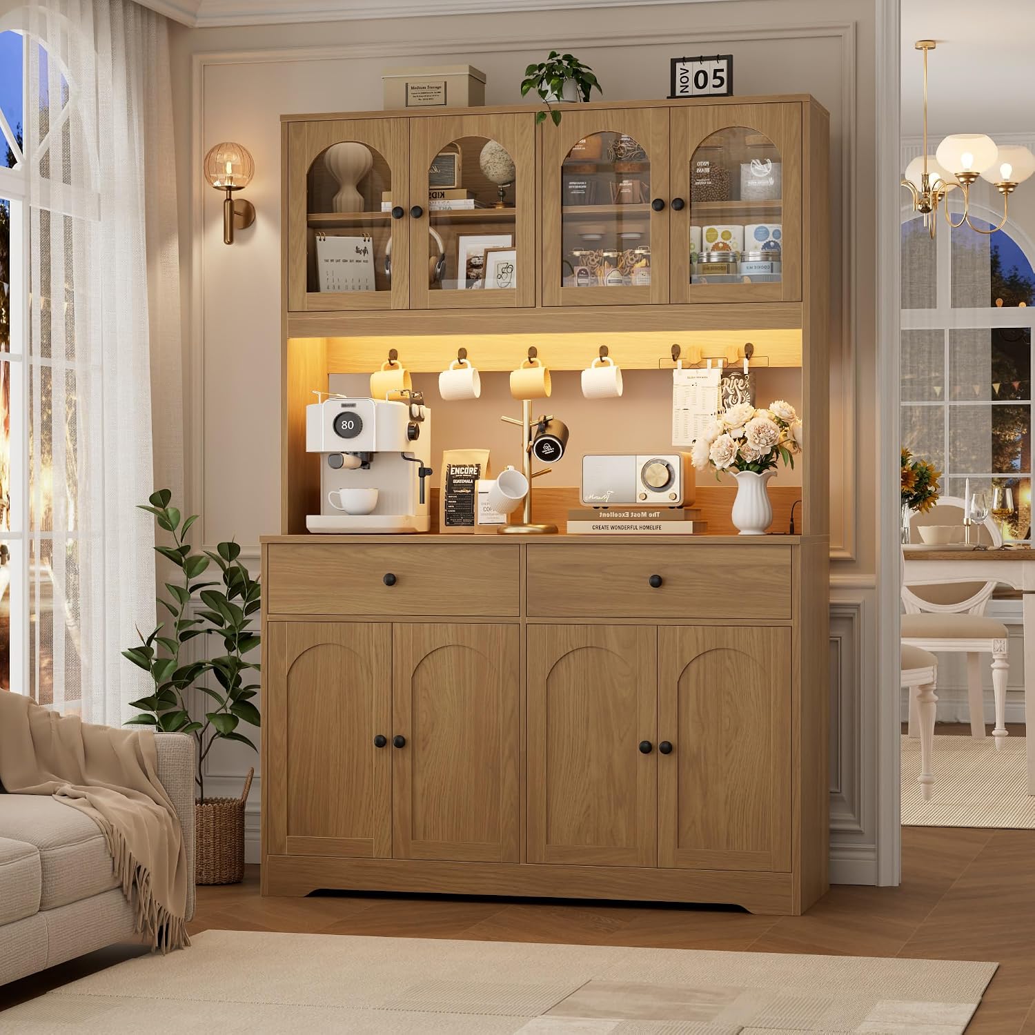 HIFIT 71' LED Kitchen Pantry Cabinet with Power Outlet, Large Kitchen Hutch Storage Cabinet with Arched Door & Shelves & 2 Drawers, Tall Modern Coffee Bar w/Hutch for Home Dining Living Room, Natural