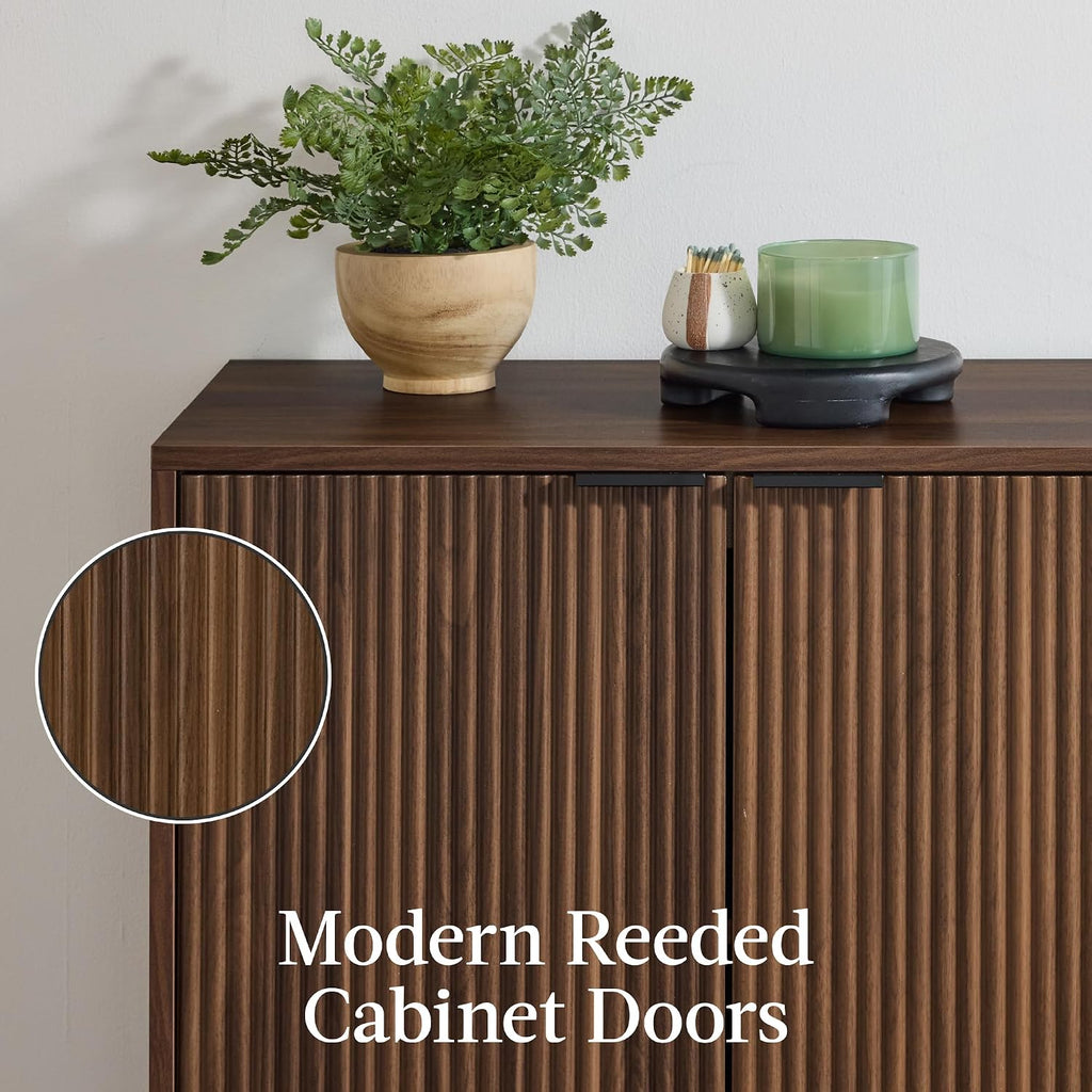 Best Choice Products 55' Modern 4-Door Sideboard Storage Cabinet, Buffet, Media Cabinet, Cupboard, Entryway Accent Table, Bookcase w/Reed Panels and Adjustable Shelves – Walnut