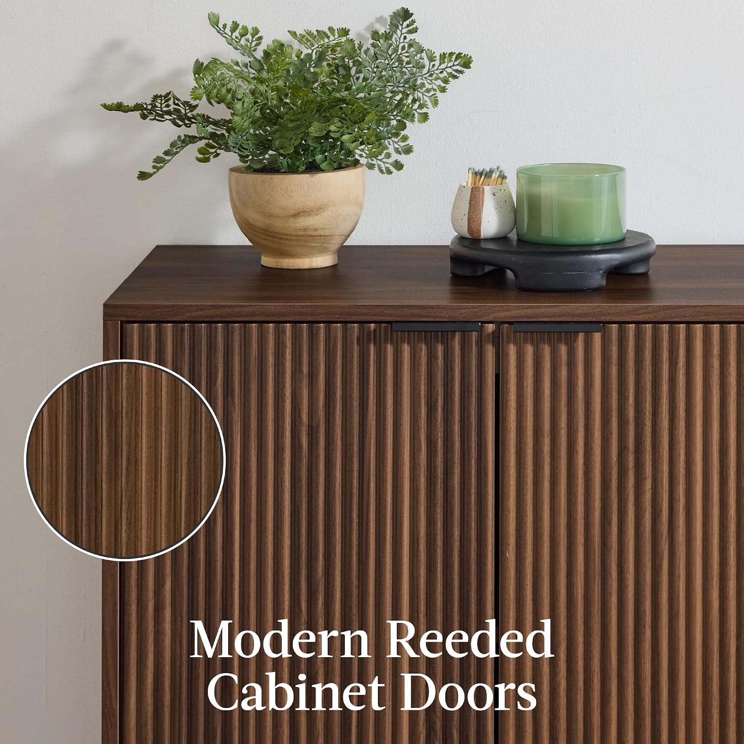 Best Choice Products 55' Modern 4-Door Sideboard Storage Cabinet, Buffet, Media Cabinet, Cupboard, Entryway Accent Table, Bookcase w/Reed Panels and Adjustable Shelves – Walnut
