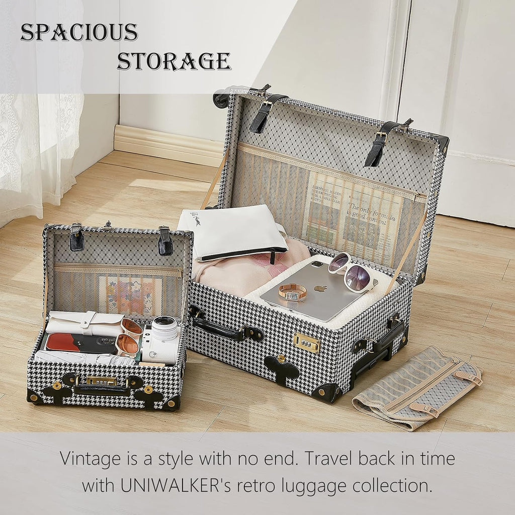 UNIWALKER Vintage Carry on Luggage Set, 2 Piece Retro Spinner Trunk Suitcase with Cosmetic Train Case for Women (20'+12', grid)