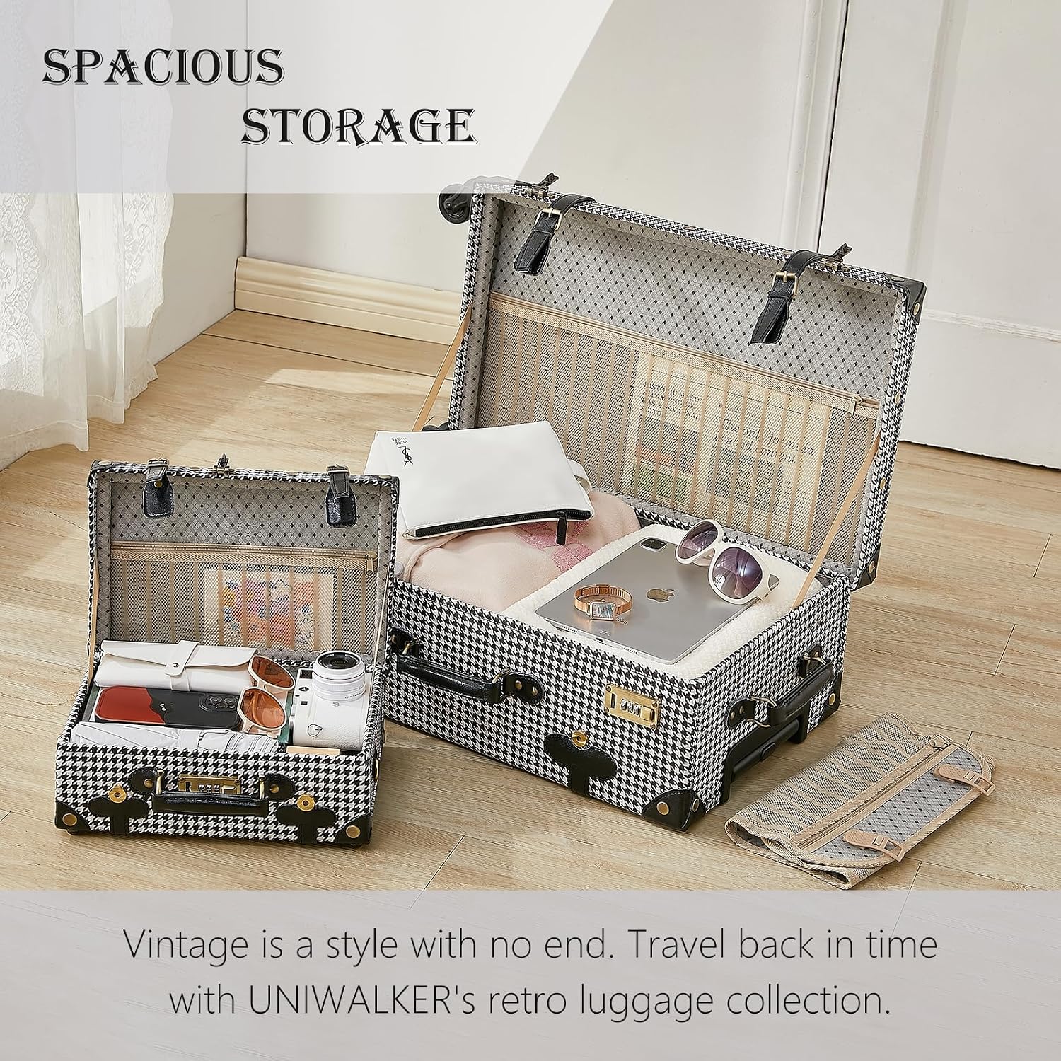 UNIWALKER Vintage Carry on Luggage Set, 2 Piece Retro Spinner Trunk Suitcase with Cosmetic Train Case for Women (20'+12', grid)