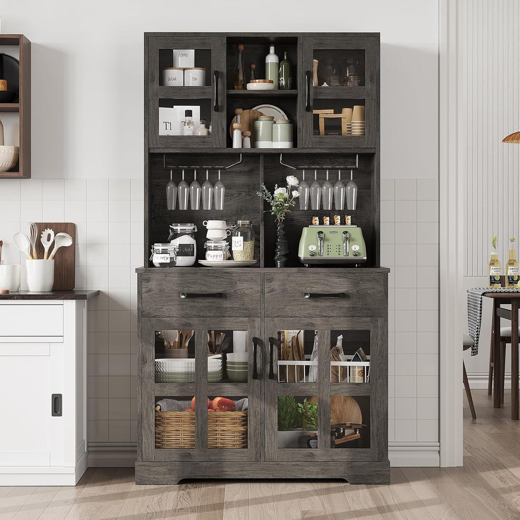 71' Farmhouse Style Freestanding Storage Cabinet, Kitchen Storage Bakers Rack with Charging Station, Utility Food Cupboard with Wine Racks for Kitchen Dining Living Room, Dark Oak