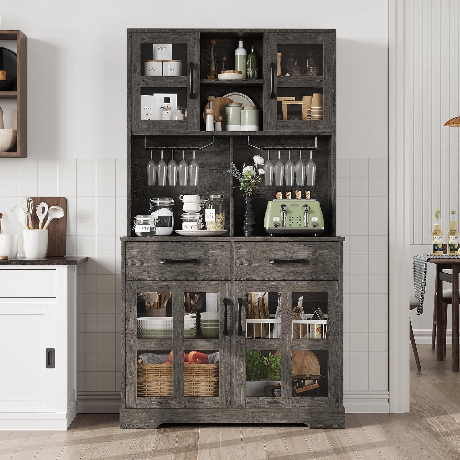 71' Built-in Charging Freestanding Storage Cabinet, Kitchen Storage Bakers Rack with 2-Row Wine Racks, Utility Food Cupboard with Ample Storage for Home, Dark Oak