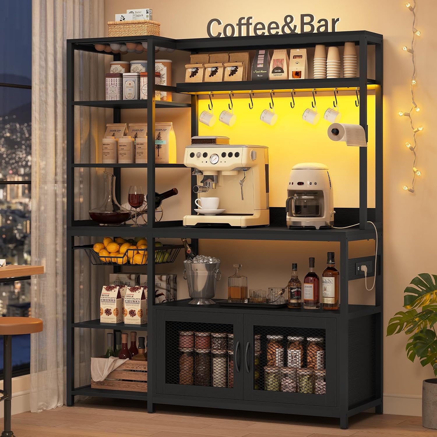 47.2 in Bakers Rack with Power Outlet & LED Light, Coffee Bar with Coffee Pod Holder for Vetuo, Kitchen Microwave Stand with Storage Shelves, Paper Holder, Cabinet, Wire Basket, 8 Hooks (Black)