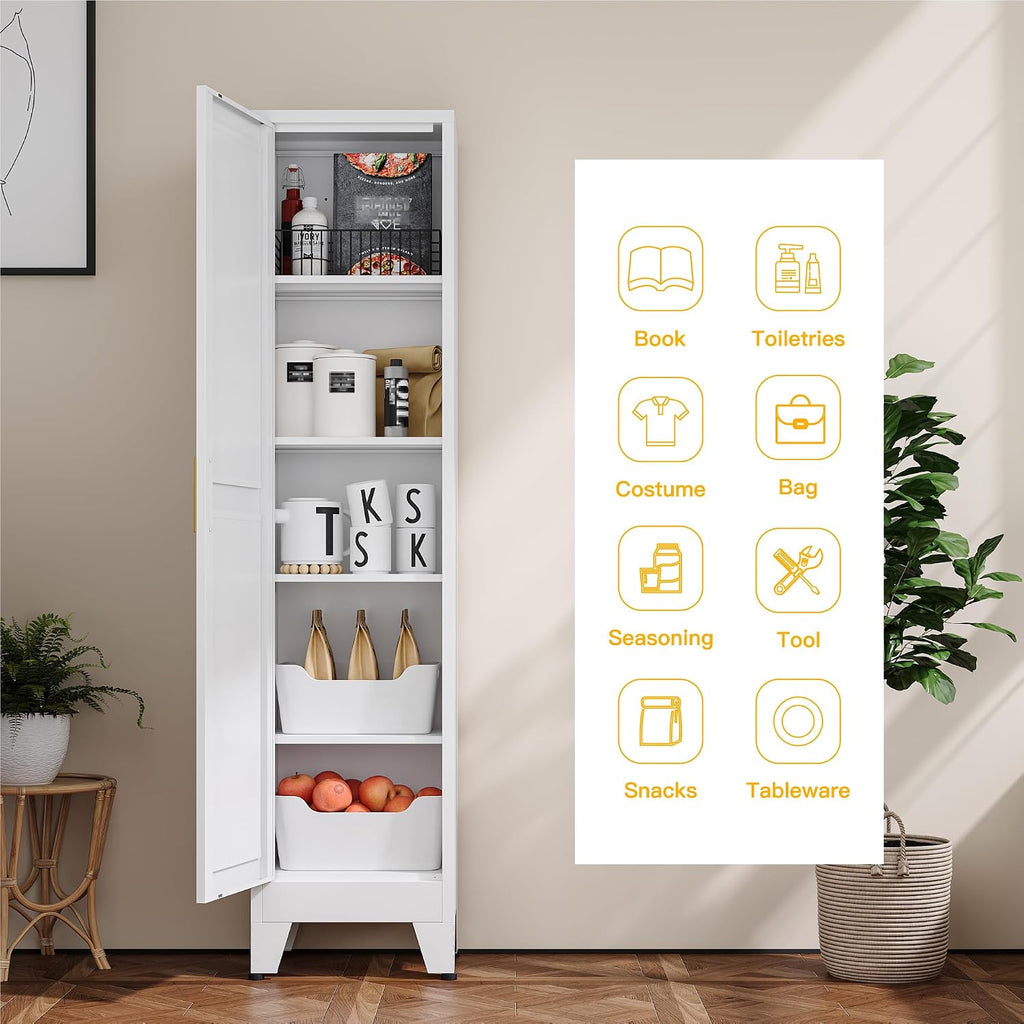 YAUWOH White Narrow Metal Storage Cabinet, Tall Freestanding Cabinet with 4 Adjustable Shelves & Barn Doors, Pantry Organizer for Bathroom Kitchen Home Office Dining Room（1PC,White）