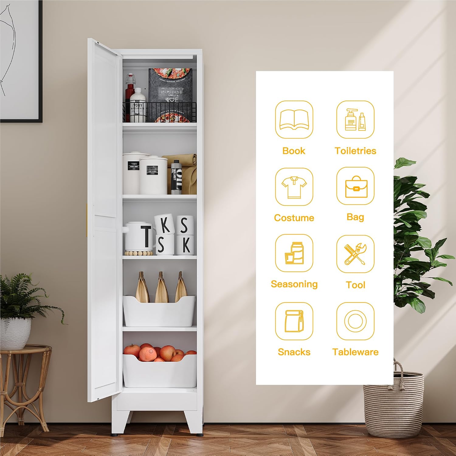 YAUWOH White Narrow Metal Storage Cabinet, Tall Freestanding Cabinet with 4 Adjustable Shelves & Barn Doors, Pantry Organizer for Bathroom Kitchen Home Office Dining Room（1PC,White）