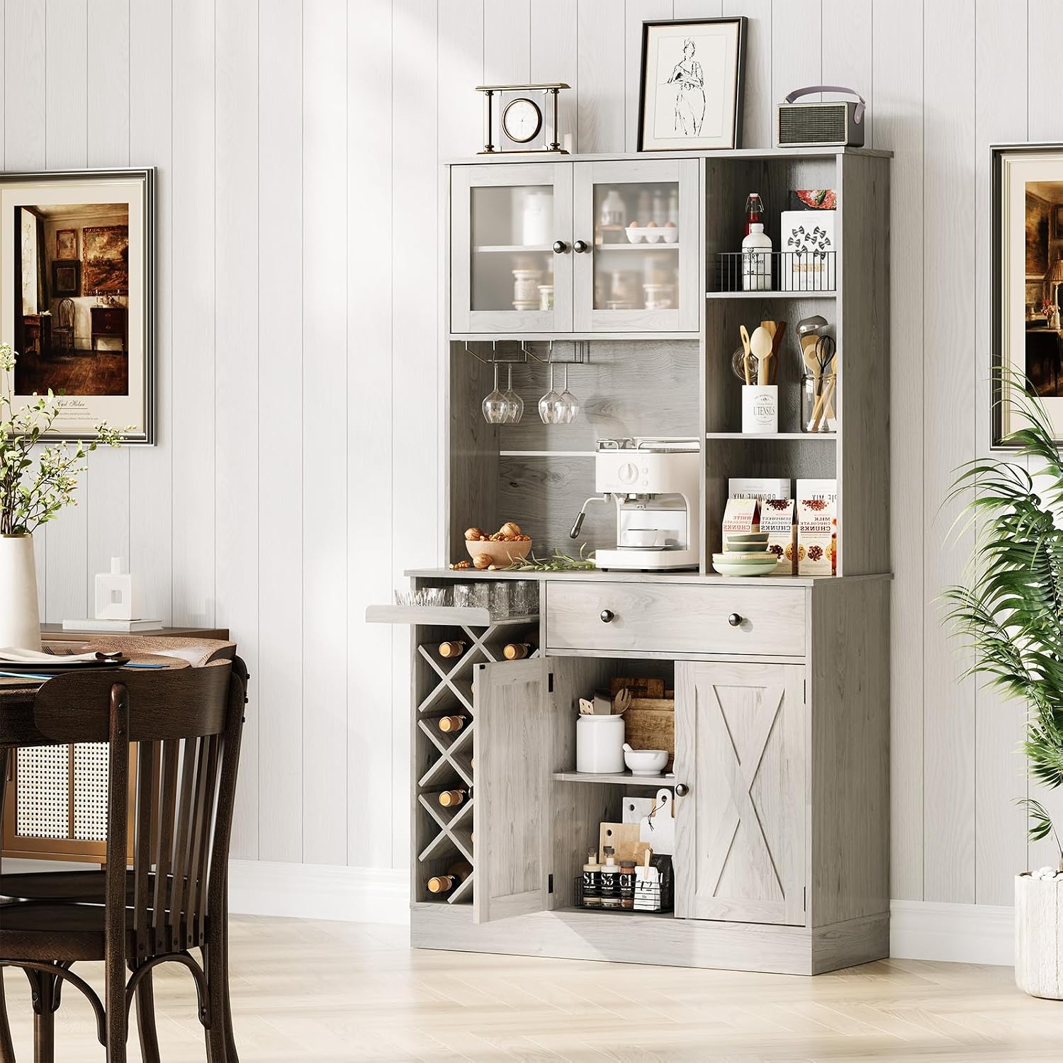 Coffee Bar Cabinet with Power Outlet & Exquisite Barn Doors, 72'' Sideboard Buffet Cabinet with Wine Bottle Rack, Large Kitchen Buffet with Storage and Wine Rack for Kitchen, Dining Room, Living Room