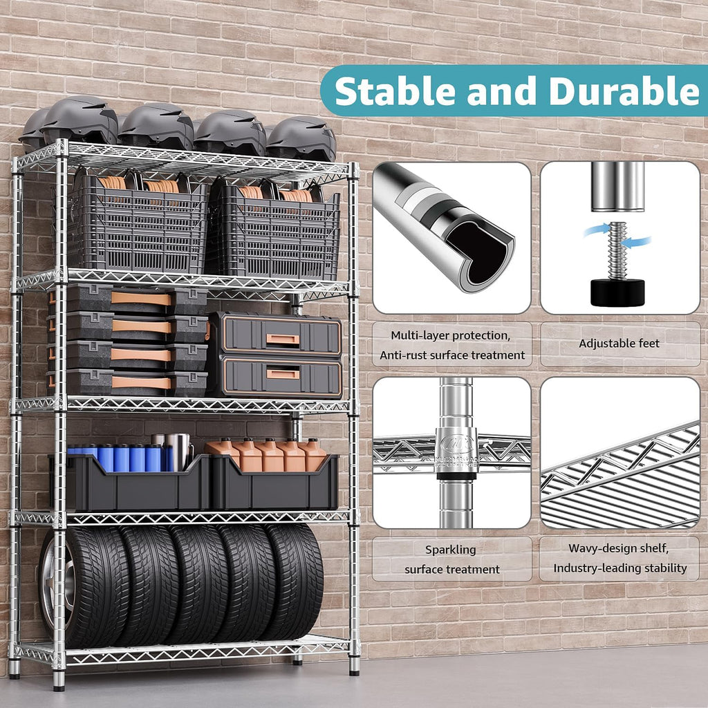 M MZG 1750 LBS Storage Shelves 5-Tier Utility Shelving Unit Steel Organizer Wire Rack for Home,Kitchen,Office,Garage, Capacity 17.7' D x 47.2' W x 72.3' H