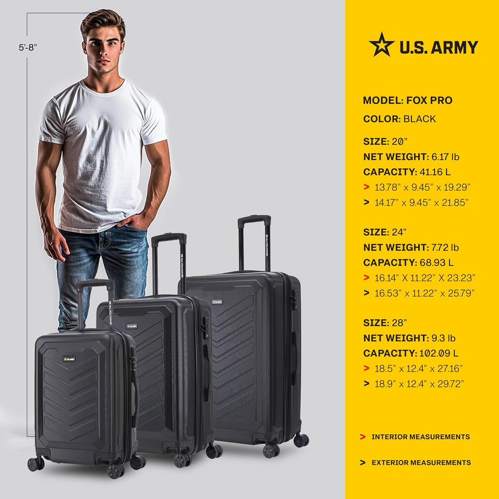 US ARMY Fox Pro 3 Pcs Set Expandable Suitcase with TSA Lock | 20, 24, 28 inch Lightweight Hardshell Luggage with Spinner Wheels, Chevron Icon, Gel Handle, Retractable Trolley, Side Studs | Black