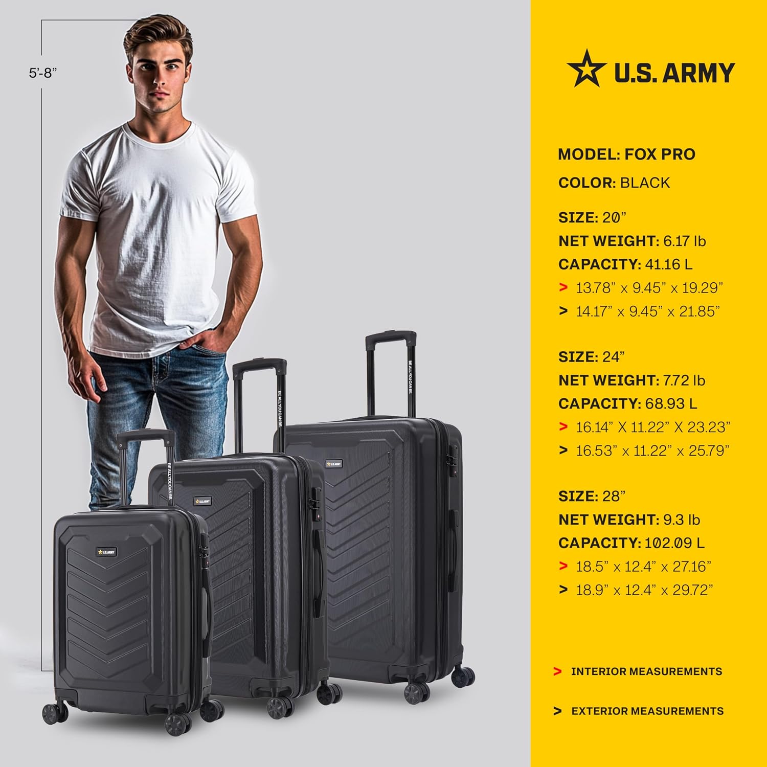 US ARMY Fox Pro 3 Pcs Set Expandable Suitcase with TSA Lock | 20, 24, 28 inch Lightweight Hardshell Luggage with Spinner Wheels, Chevron Icon, Gel Handle, Retractable Trolley, Side Studs | Black