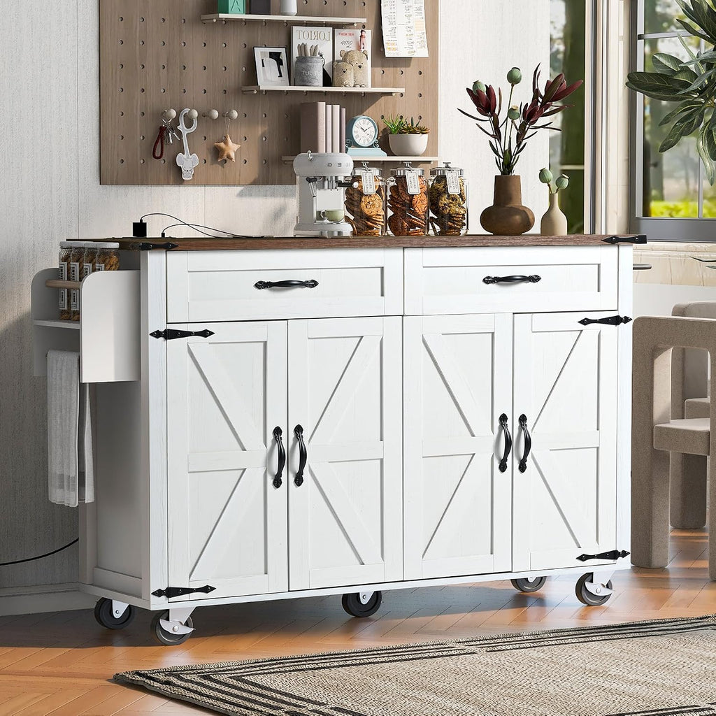 Farmhouse Kitchen Island,Large Rolling Kitchen Cart on Wheels White | Solid Wood Storage Island with Drop Leaf, Spice Rack and Drawer,Power Outlet