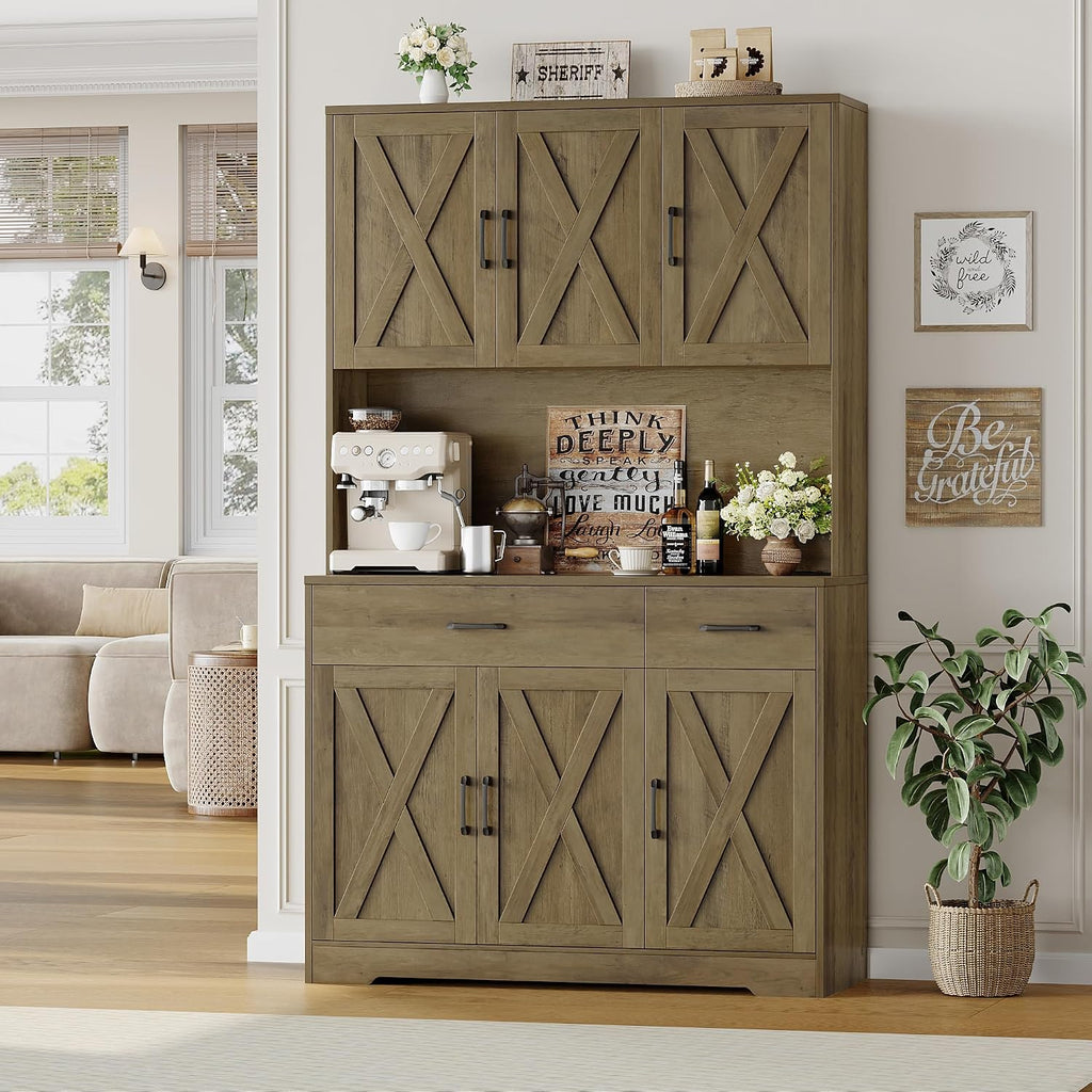 HOSTACK 71' Pantry Cabinet with Charging Station, Tall Kitchen Pantry Storage Cabinet with Microwave Stand, Farmhouse Kitchen Hutch with Storage Drawers for Living Room, Dining Room, Rustic Brown