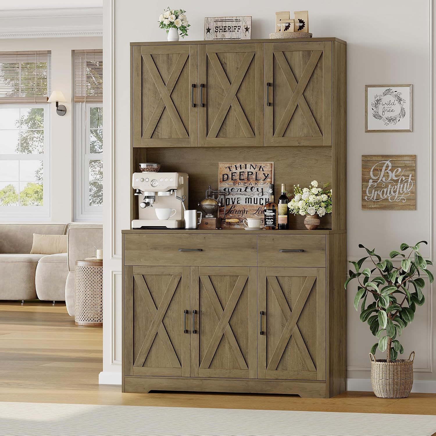 HOSTACK 71' Pantry Cabinet with Charging Station, Tall Kitchen Pantry Storage Cabinet with Microwave Stand, Farmhouse Kitchen Hutch with Storage Drawers for Living Room, Dining Room, Rustic Brown