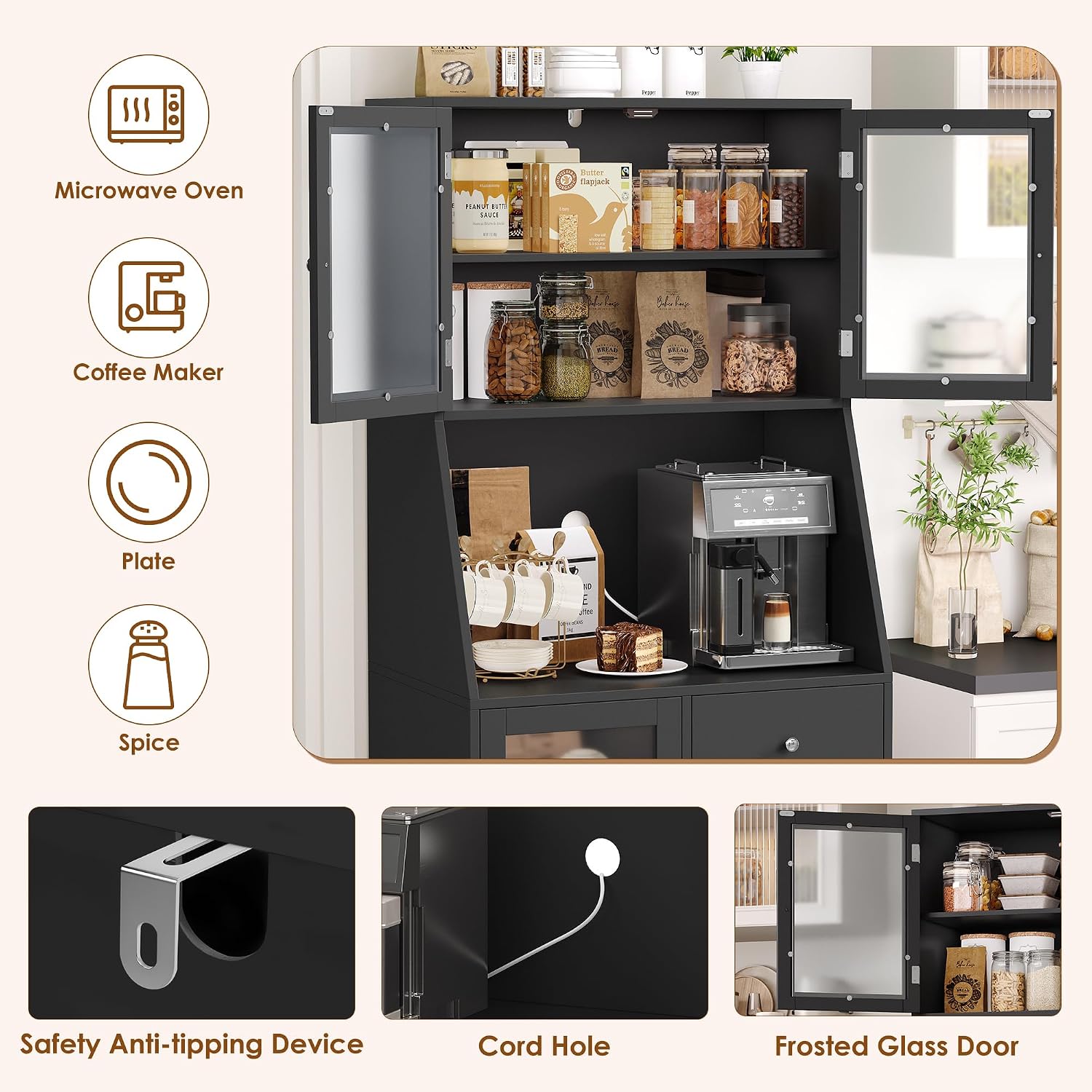 BOTLOG 64'' Kitchen Pantry Storage Cabinet, Tall Kitchen Storage Cabinet with Microwave Stand, Hutch Cabinet with Adjustable Shelves, for Dining Room, Black