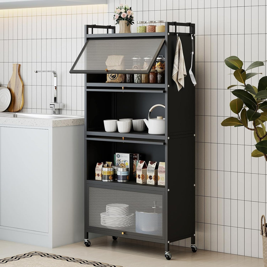 Giantex 5-Tier Kitchen Storage Cabinet, Freestanding Metal Baker's Rack w/4 Flip-up PC Doors, 4 Hooks, Adjustable Feet & Rolling Wheels, Mobile Microwave Stand for Dining Room, Living Room (Black)