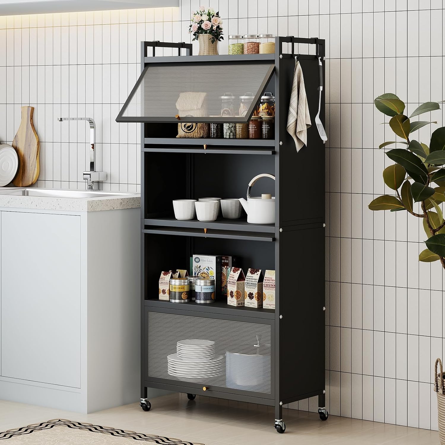 Giantex 5-Tier Kitchen Storage Cabinet, Freestanding Metal Baker's Rack w/4 Flip-up PC Doors, 4 Hooks, Adjustable Feet & Rolling Wheels, Mobile Microwave Stand for Dining Room, Living Room (Black)