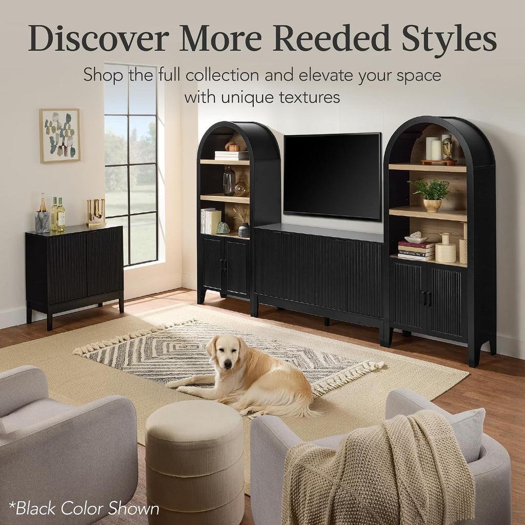 Best Choice Products 55' Modern 4-Door Sideboard Storage Cabinet, Buffet, Media Cabinet, Cupboard, Entryway Accent Table, Bookcase w/Reed Panels and Adjustable Shelves – Walnut