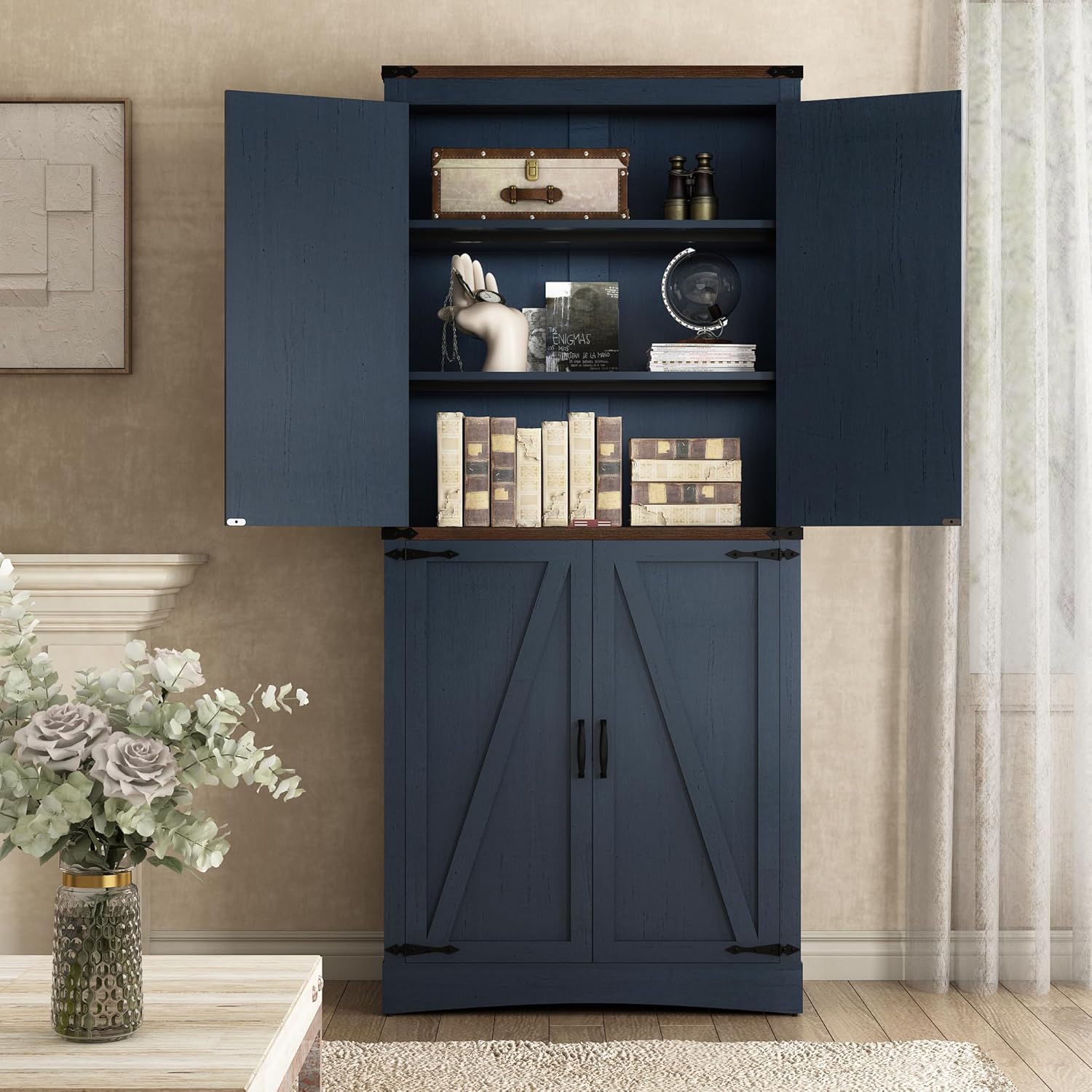 Hlivelood 71' Tall Kitchen Pantry,Farmhouse Storage Cabinet with Adjustable Shelves,Load-Bearing Steel Pipe,Farmhouse Pantry Cabinet with 4 Barn Doors,for Kitchen,Dining Room,Living Room(Blue)