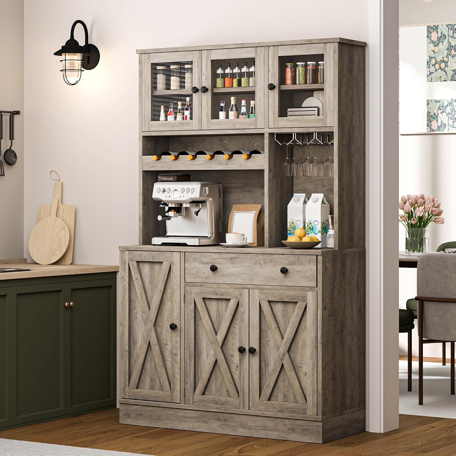YITAHOME Kitchen Pantry Cabinet with Wine Rack & Power Outlet, 71' H Tall Storage Cabinet with Doors, Shelves, Drawer, Goblet Holder for Kitchen & Living Room (Grey)