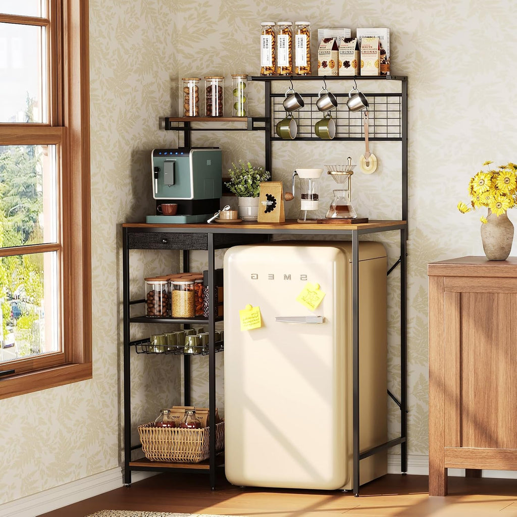 Kitchen Storage Bakers Rack with Power Outlet – Coffee Bar Station with S-Shaped Hooks & Drawer, Adjustable Feet Microwave Stand for Microwave, Mini Fridge, Coffee Maker, Brown