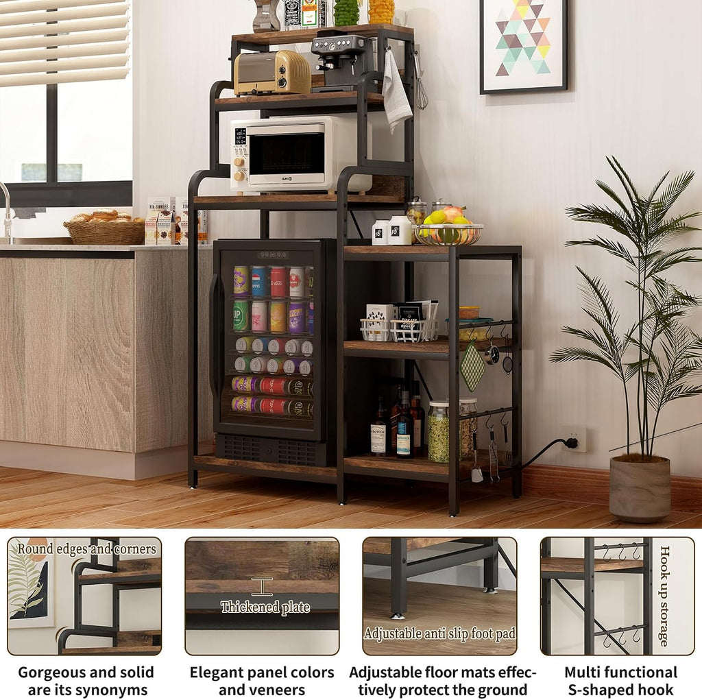 Mini Fridge & Microwave Stand with Storage, Multifunctional 7-Tier Bakers Rack with Power Outlet, Adjustable Shelves and Hooks, Utility Storage Shelf for Kitchen, Dorm, Living Room, Black+Brown