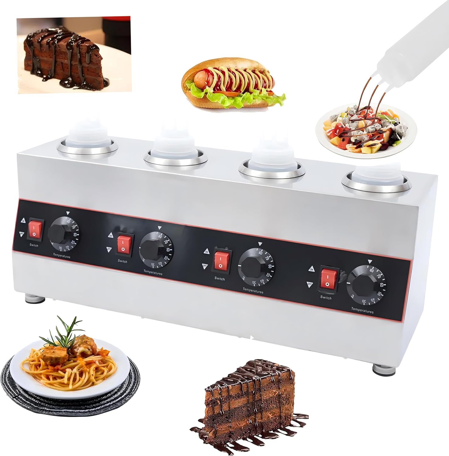 Commercial Electric Sauce Warmer Electric Cheese Sauce Warmer Hot Fudge Warmer Dispenser Cheese Dispenser Warmer with 4 Pump(110v/60Hz)