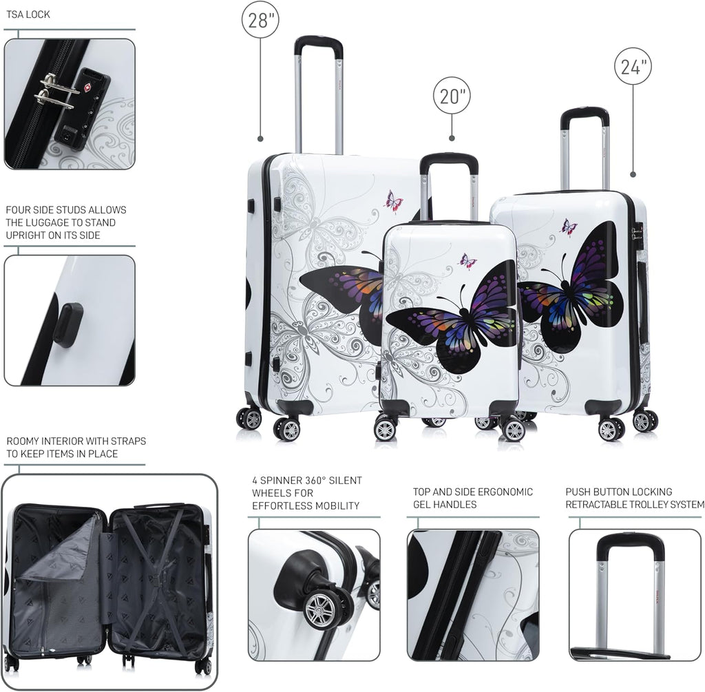 InUSA Butterfly Print Luggage with Spinner Wheels | Durable Lightweight Hardside Suitcase | Travel Bag with Handle and Trolley | (20in, 24in, 28in) 3 Piece Set