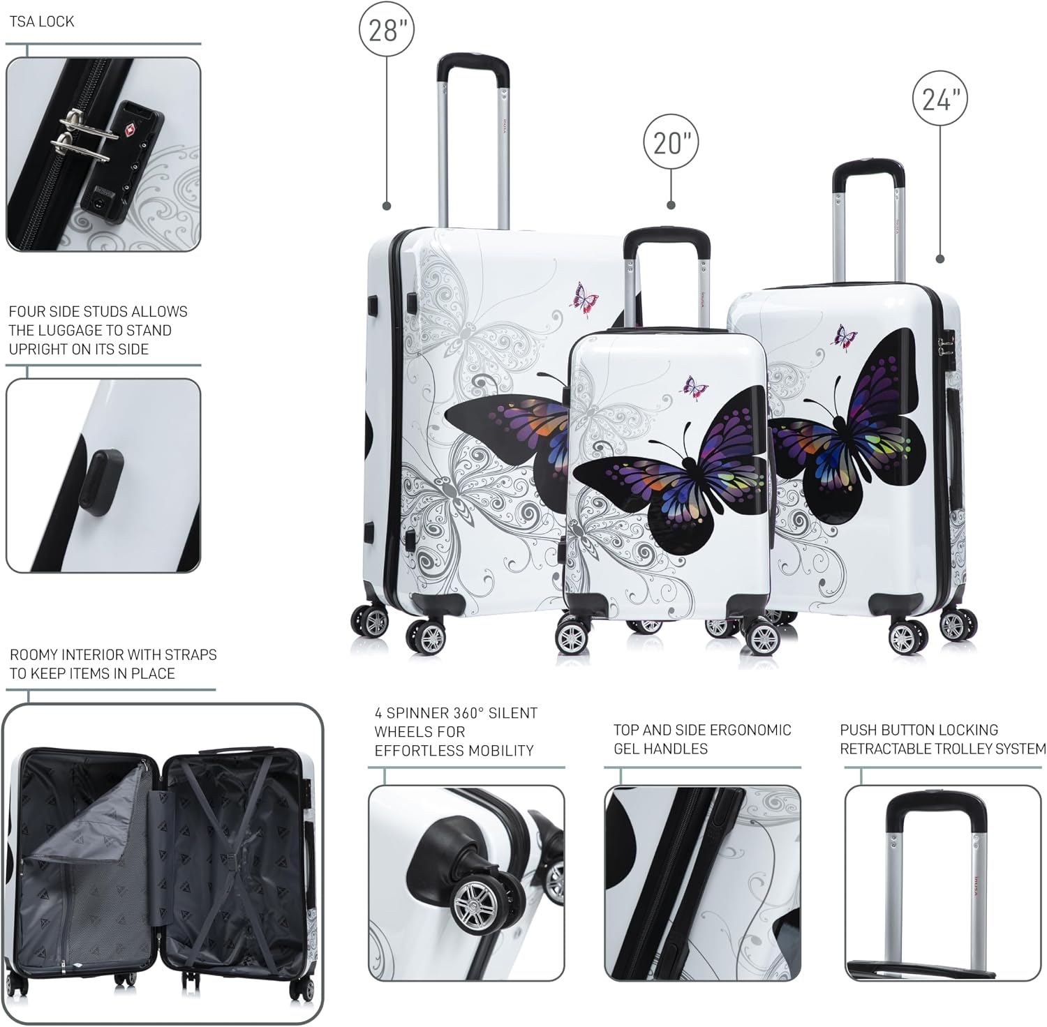 InUSA Butterfly Print Luggage with Spinner Wheels | Durable Lightweight Hardside Suitcase | Travel Bag with Handle and Trolley | (20in, 24in, 28in) 3 Piece Set