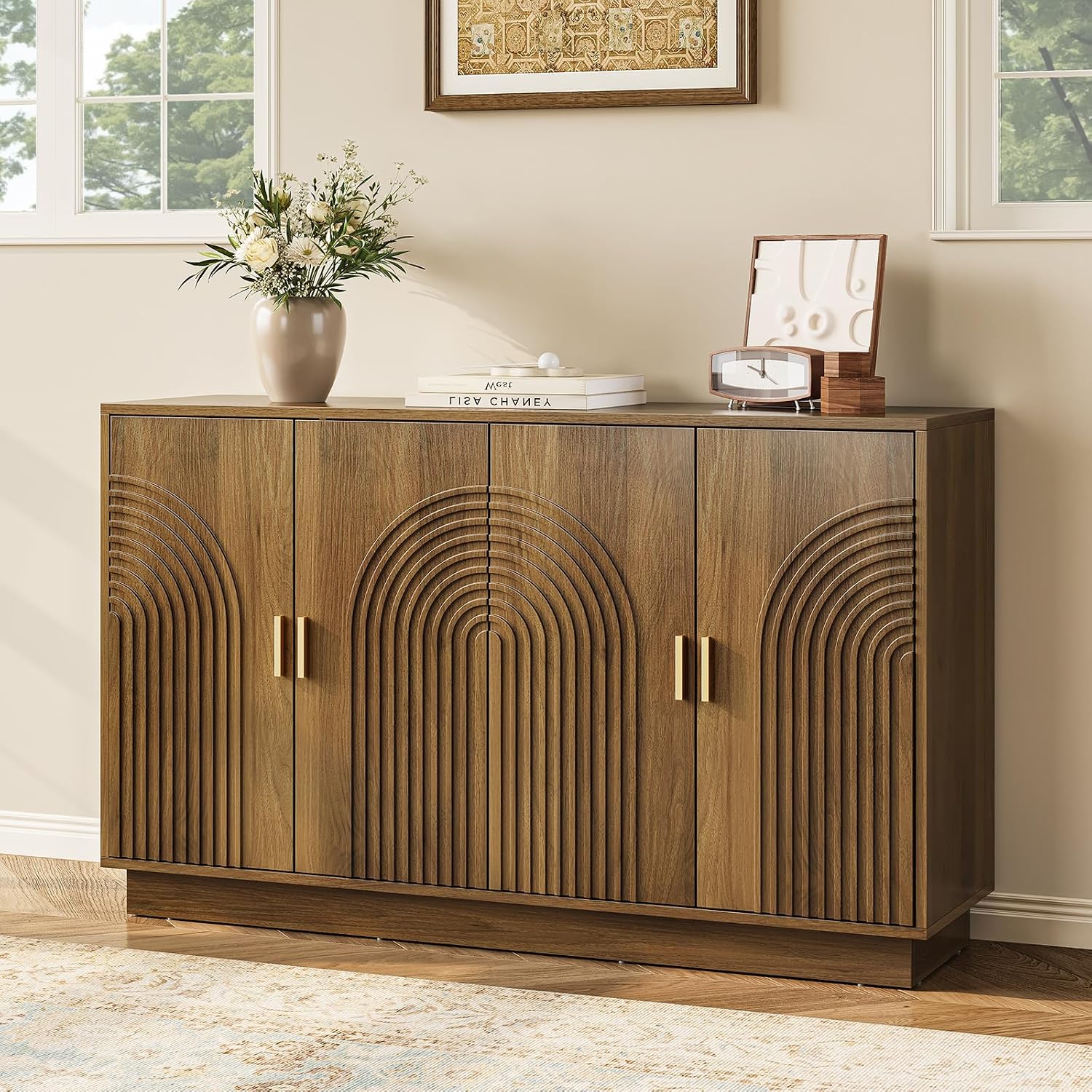 Fluted Sideboard Buffet Cabinet with Storage - 57' Credenza Coffee Bar Cabinet with 4 Doors, Accent Kitchen Storage Cabinets with Adjustable Shelves for Living Room & Kitchen, Entryway, Walnut