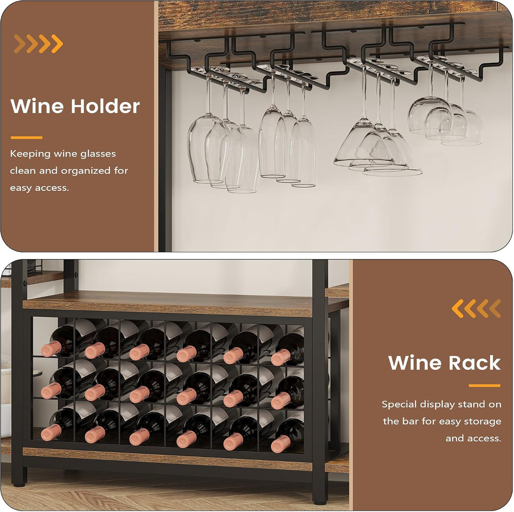 Nosepen 65.35 Inch Large Bakers Rack with Power Outlet and LED Light, 6-Tier Microwave Stand with Doors, Open Countertop and Storage Shelves, Farmhouse Coffee Bar Cabinet Station with Wine Rack, Brown