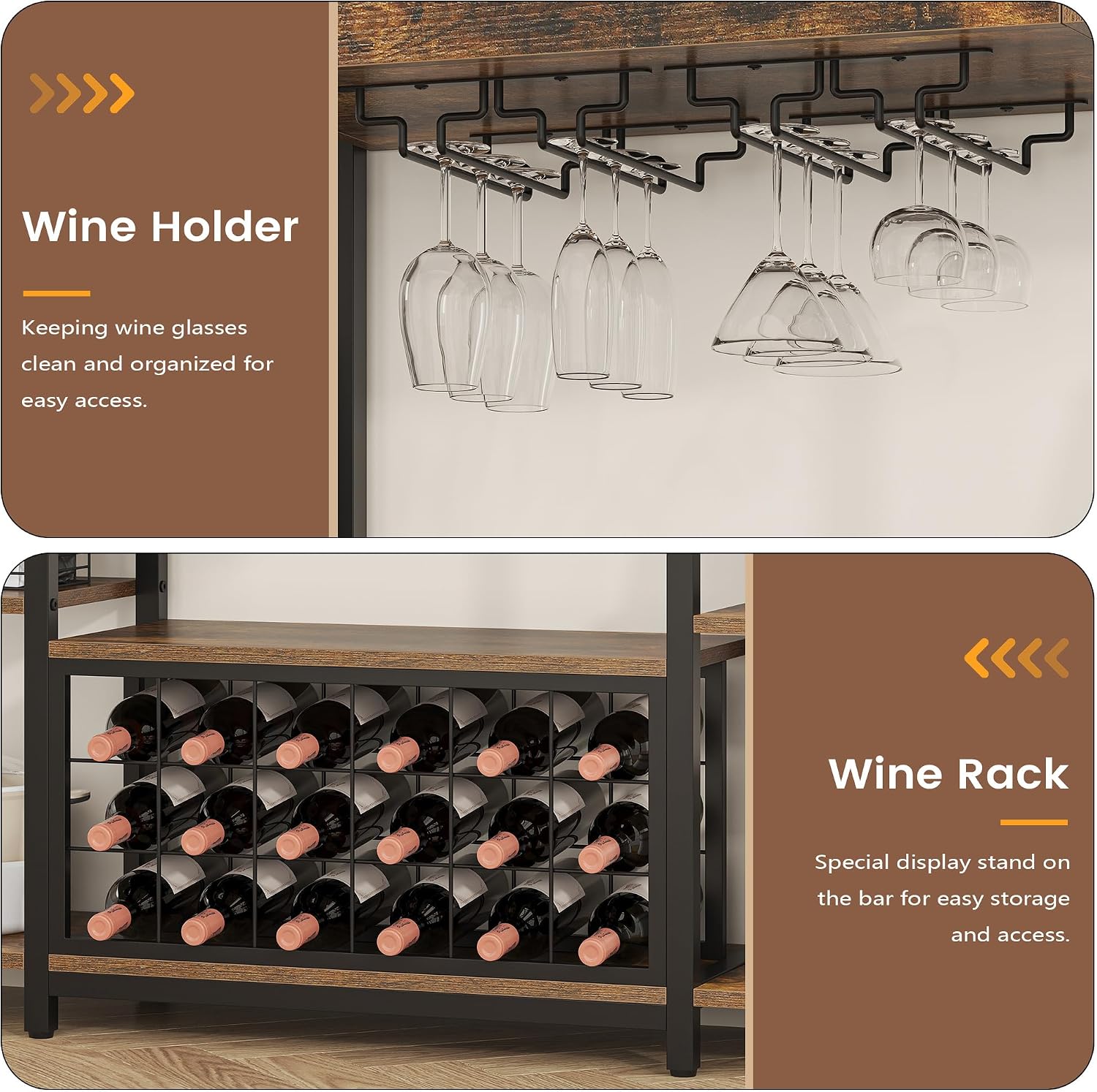 Nosepen 65.35 Inch Large Bakers Rack with Power Outlet and LED Light, 6-Tier Microwave Stand with Doors, Open Countertop and Storage Shelves, Farmhouse Coffee Bar Cabinet Station with Wine Rack, Brown