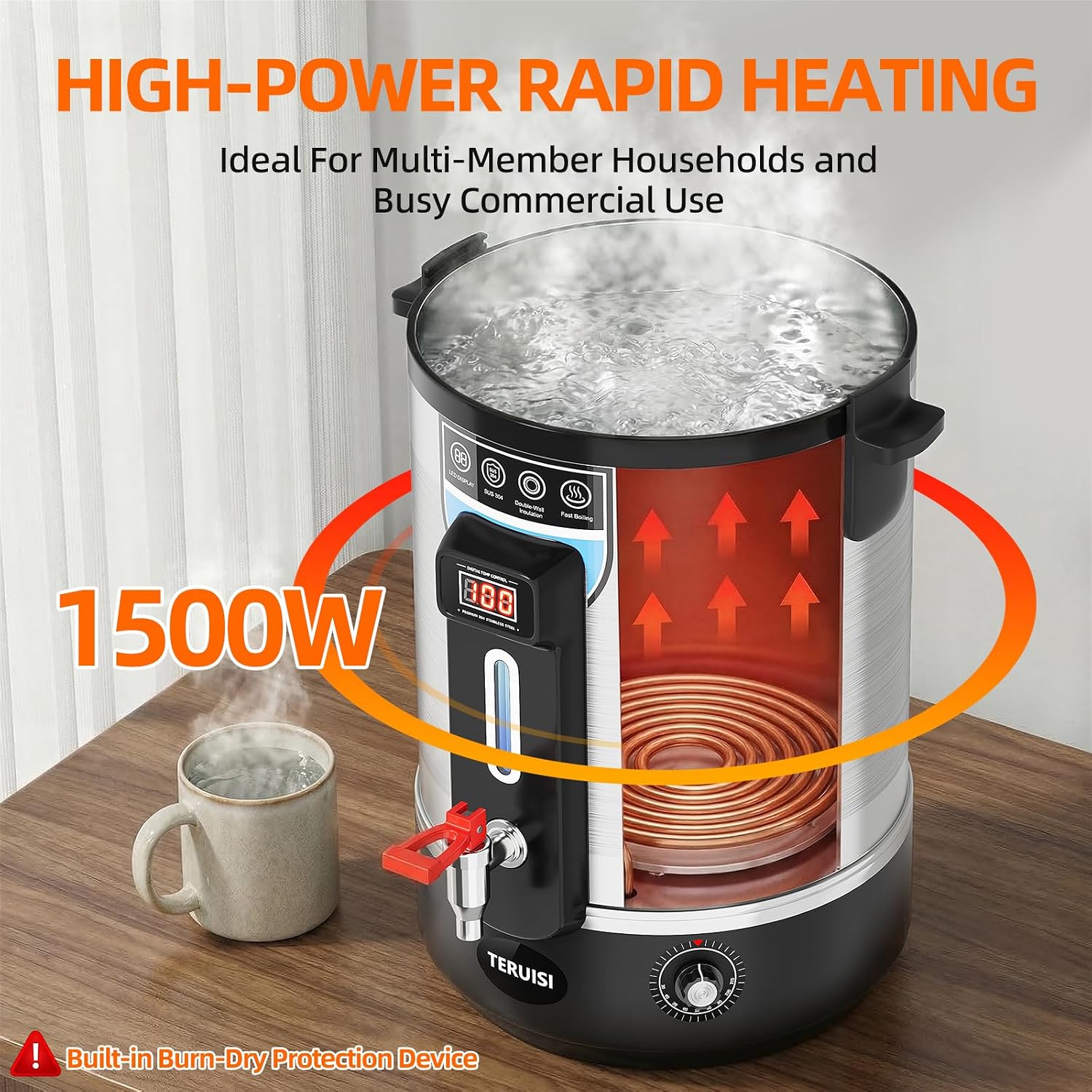 Electric Water Boiler, 13L/13.7QT Commercial Hot Water Dispenser, 1500W Hot Water Boiler Urn Beverage Dispenser with Stainless Steel Spigot, Doubled-Wall Insulation, Adjustable Temperature