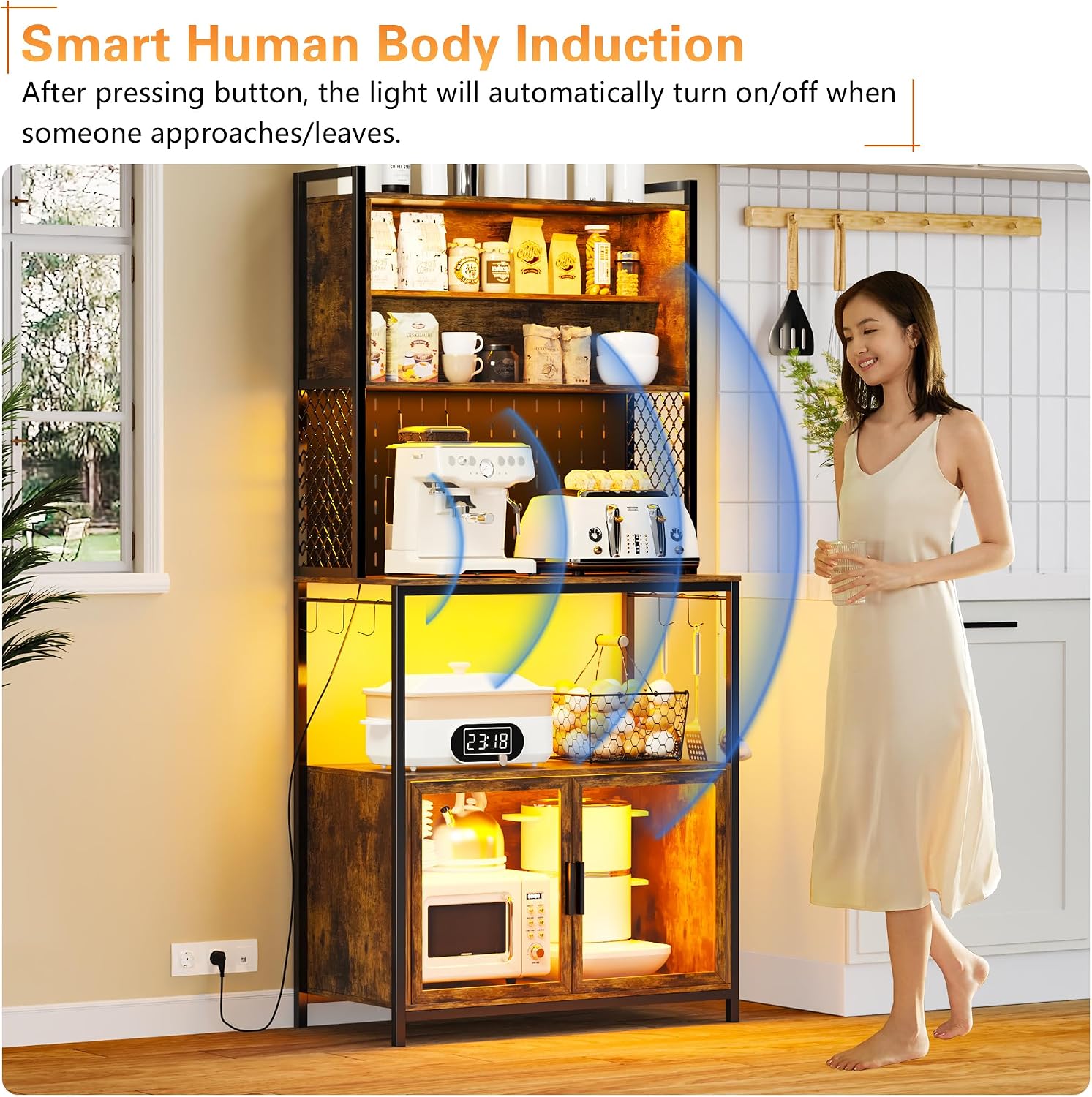 67'' LED Kitchen Pantry Cabinet with Pegboard, 3 Color Dimmable Bakers Rack with Charging Station Adjustable Shelves and Hooks, Microwave Stand with Storage