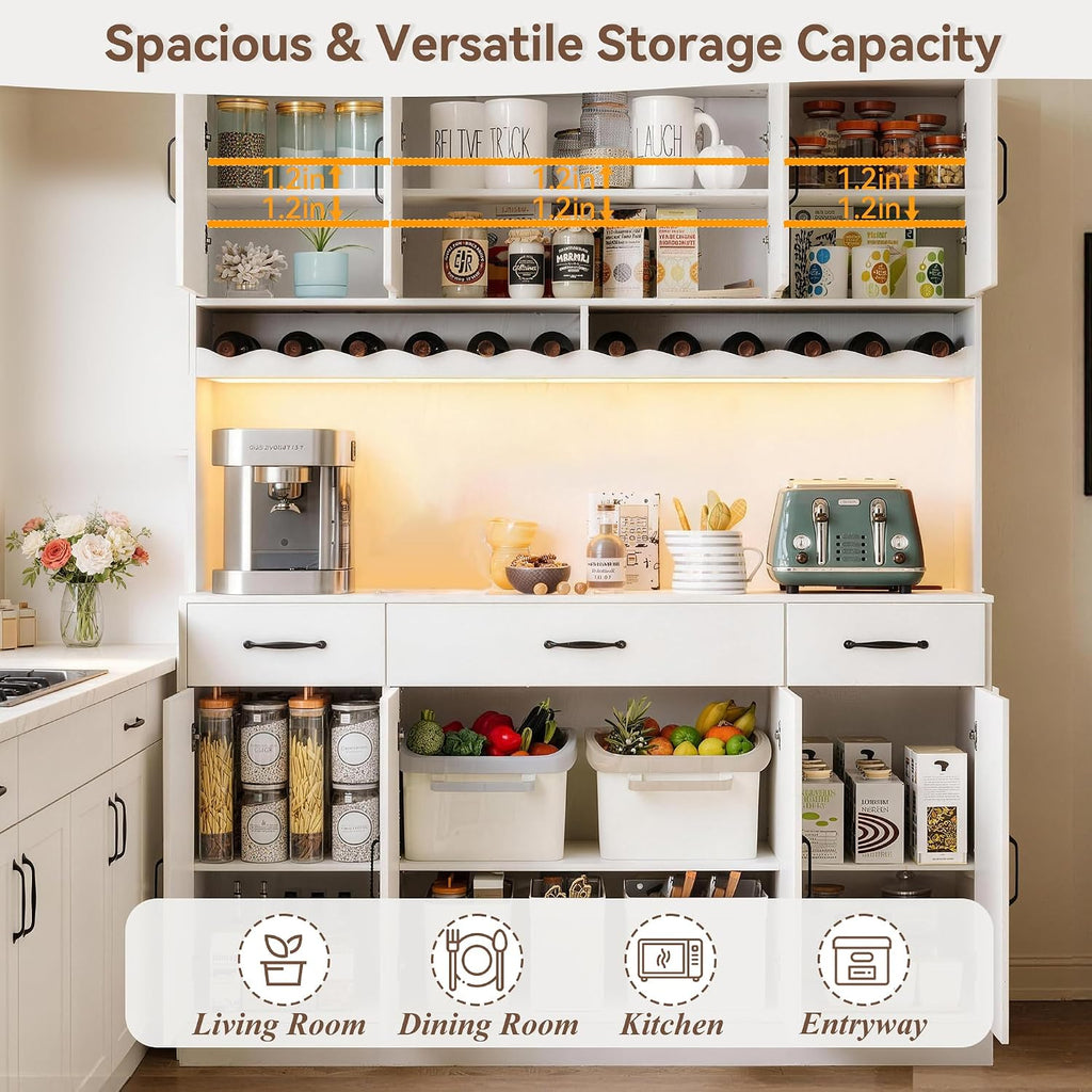 72' Tall Kitchen Pantry Cabinet with Charging Station 55' Wide Kitchen Hutch Cabinet with LED Light and Countertop Large Kitchen Pantry Storage Cabinet With Adjustable Shelves and Wine Rack