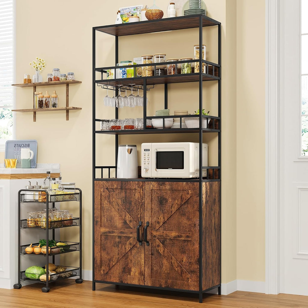 70.8' Coffee Bar Cabinet with Storage, Large Bakers Rack with Power Outlet & Goblet Holder, 5-Tier Kitchen Microwave Stand for Small Spaces, Corner Wine Rack (Rustic Brown)