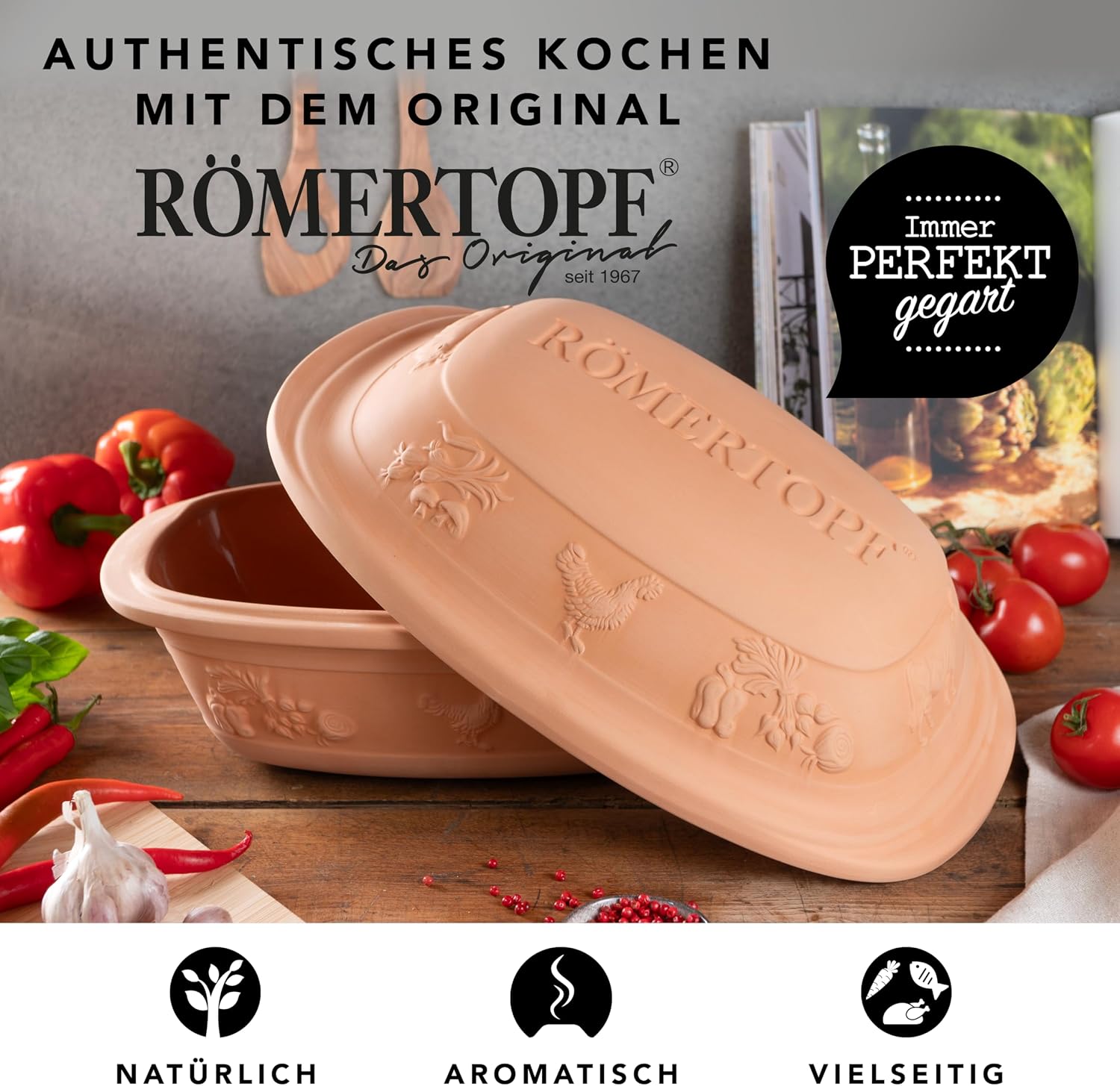 Römertopf 129 05 Rustico Universal Roasting Dish | Non-Stick Dutch Oven | Healthy Clay Pot Cooking | 5.2 Quarts (5 Liters) for up to 6 people