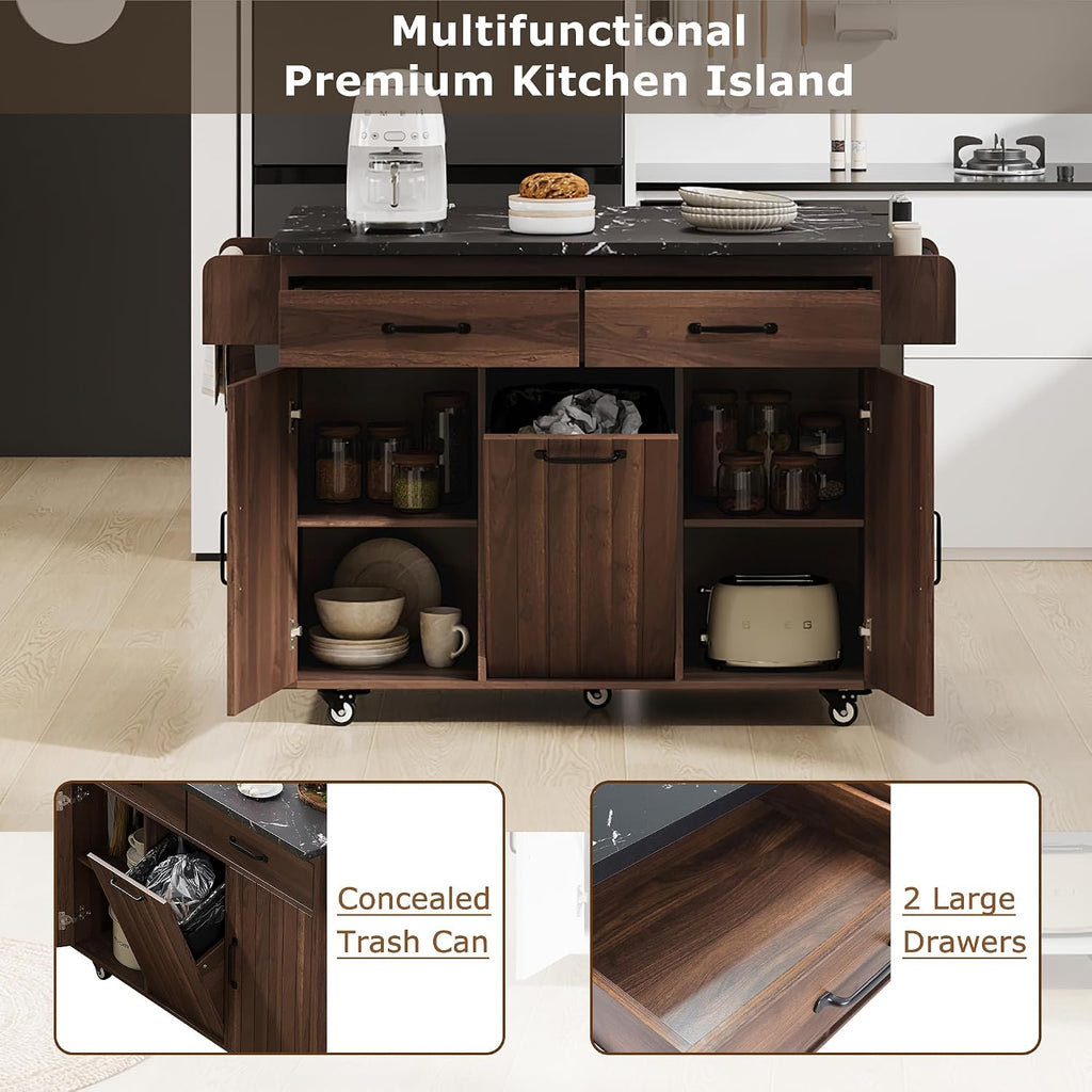 Farmhouse Kitchen Island with Trash Can Storage Cabinet, Kitchen Cart with Drop Leaf, Spice Rack, Towel Rack and Drawer, Rolling Kitchen Island on Wheels with Adjustable Shelf (Walnut Brown1)