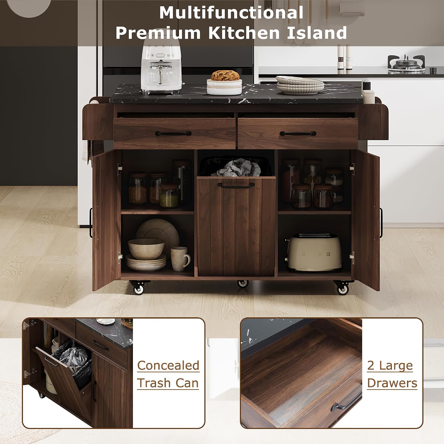 Farmhouse Kitchen Island with Trash Can Storage Cabinet, Kitchen Cart with Drop Leaf, Spice Rack, Towel Rack and Drawer, Rolling Kitchen Island on Wheels with Adjustable Shelf (Walnut Brown1)