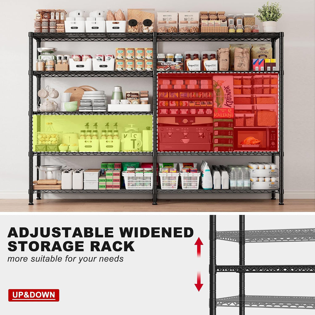 REIBII 72.8' W Storage Shelves Load 1600LBS, 5 Tier Metal Shelving Unit Garage Shelving for Adjustable Storage Rack Heavy Duty Metal Shelves for Basement Pantry Kitchen, 17.7' D x 72.8' W x 70.9' H
